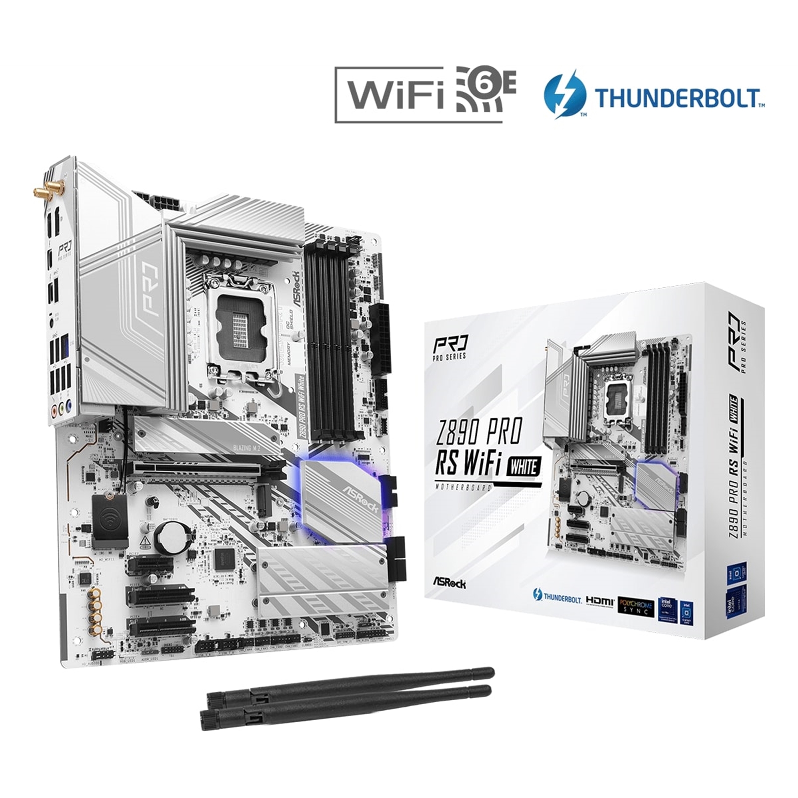 ASRock Z890 PRO RS WIFI WHITE Intel 1851 Socket Motherboard, ATX, 4x DDR5 Slots, 4x M.2 Sockets, 3x USB-C Port, Fitted I/O Shield, 2.5GbE LAN, Wi-Fi 6E, 1x DisplayPort / 1x HDMI / 2x USB-C (USB4)