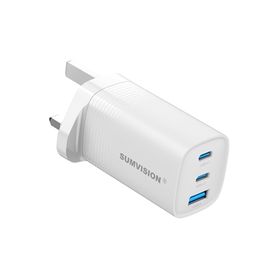 SUMVISION Universal 3 Port USB Laptop Wall Charger, 65W, GaN, Multiport USB Connections with Type-C, USB-A QC 3.0 Fast Charge & USB-A, Includes UK Plug, Suitable for USB-C Laptop Charging, UK Design and Free UK Tech Support - Image 3