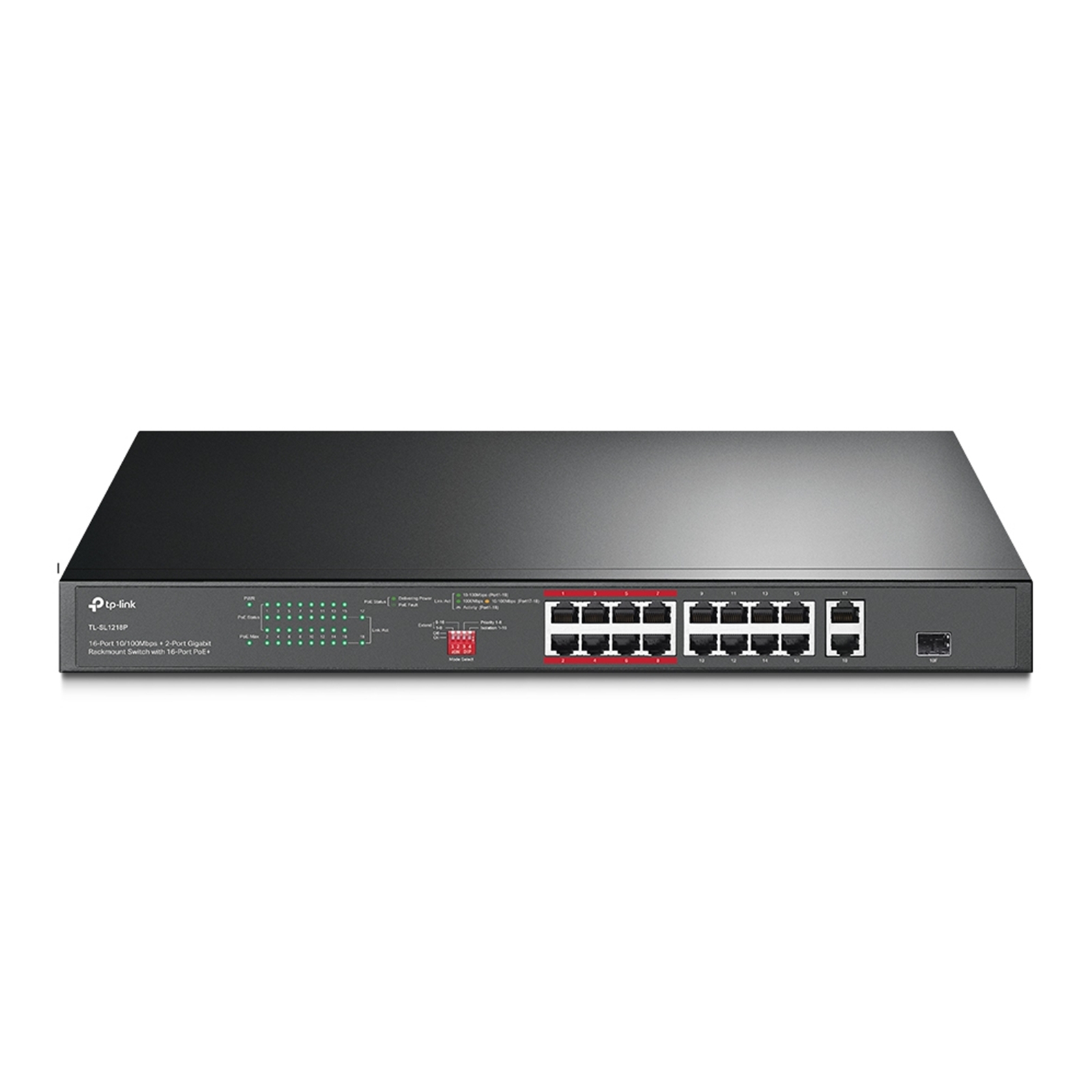 TP-Link TL-SL1218P 16-Port Metal 10/100 Mbps + 2-Port Gigabit Rackmount PoE Switch with 16-Port PoE+ (150W)