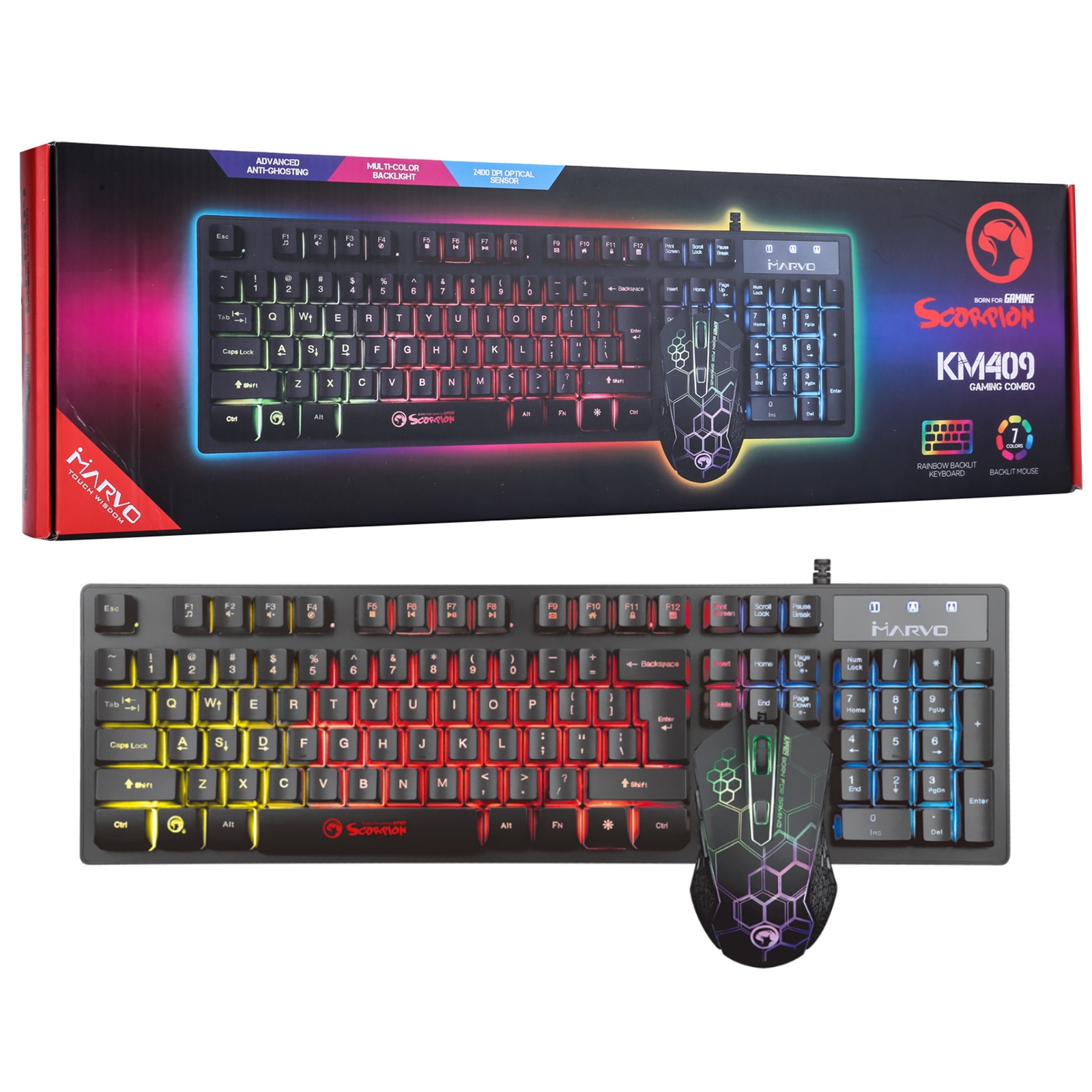 Marvo Scorpion KM409 7 Colour LED Backlit Adjustable DPI Gaming Keyboard and Mouse Bundle - Image 4