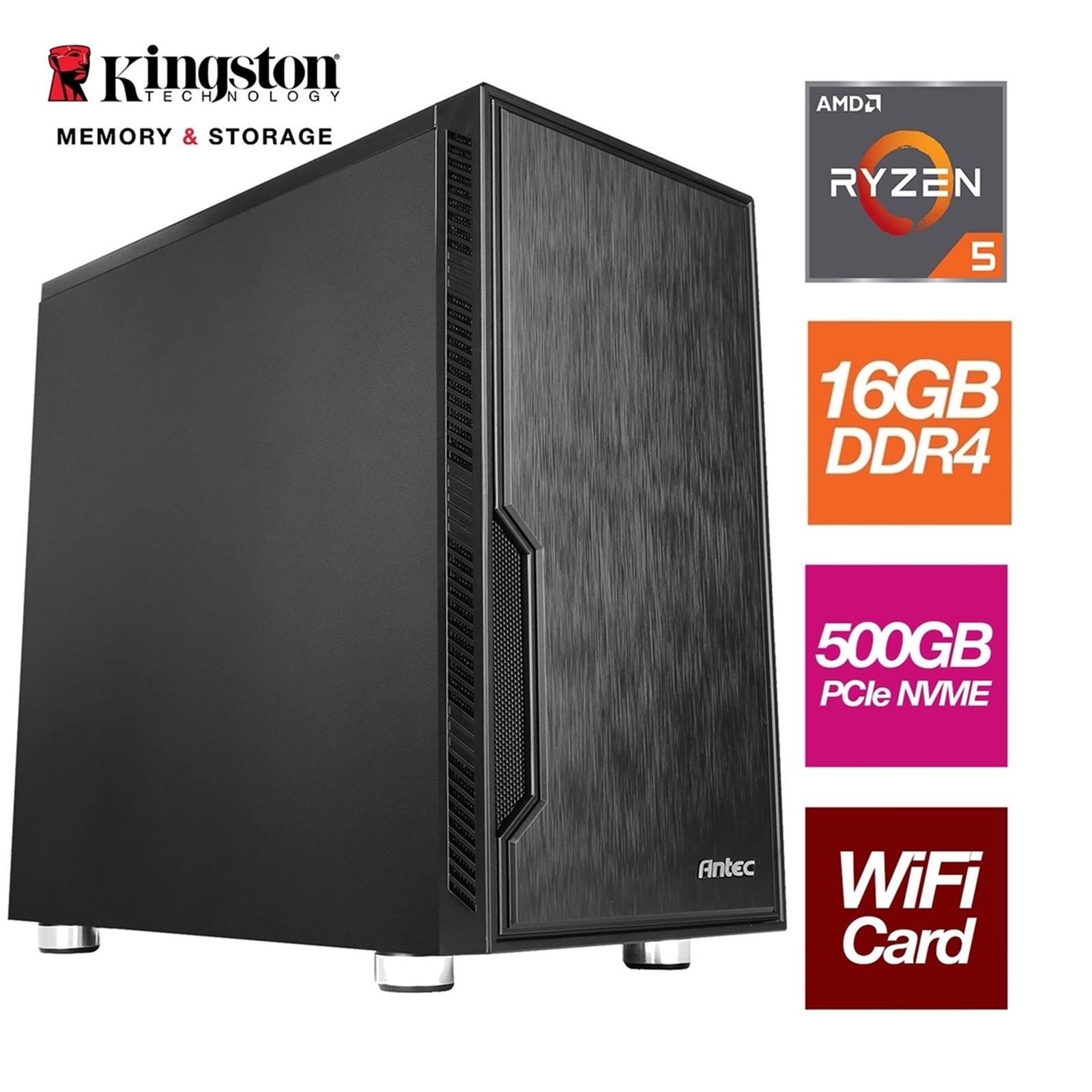 AMD Ryzen 5 5500GT 6 Core 12 Threads 3.60GHz (4.40GHz Boost) 16GB Kingston DDR4 RAM, 500GB Kingston NVMe, with Wi-Fi 6 + BT Card - Stylish Black Antec Case - Pre-Built System - Image 4