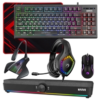 Marvo Scorpion 6-Product Gaming & Streaming Bundle featuring 80% TKL Multimedia Keyboard, Programmable USB Mouse, Non-Slip Mousepad, PC & Console-Compatible RGB Gaming Headset, RGB Stereo Soundbar & USB Streaming Microphone