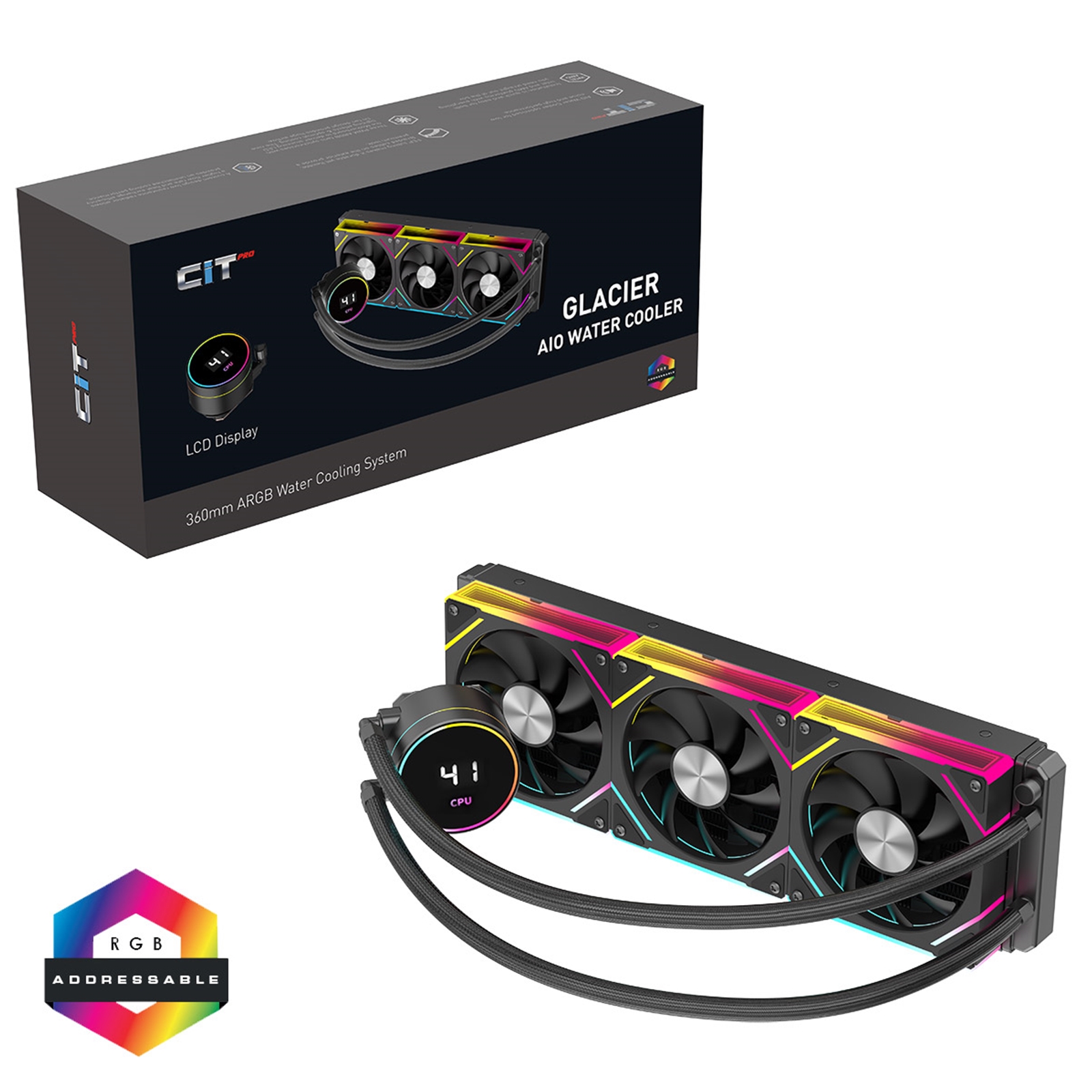 CiT Pro Glacier 360mm Black ARGB Watercooler with Temperature Display - High-Performance AIO CPU Cooling with Infinity PWM Fans & Sync Lighting. - Image 4