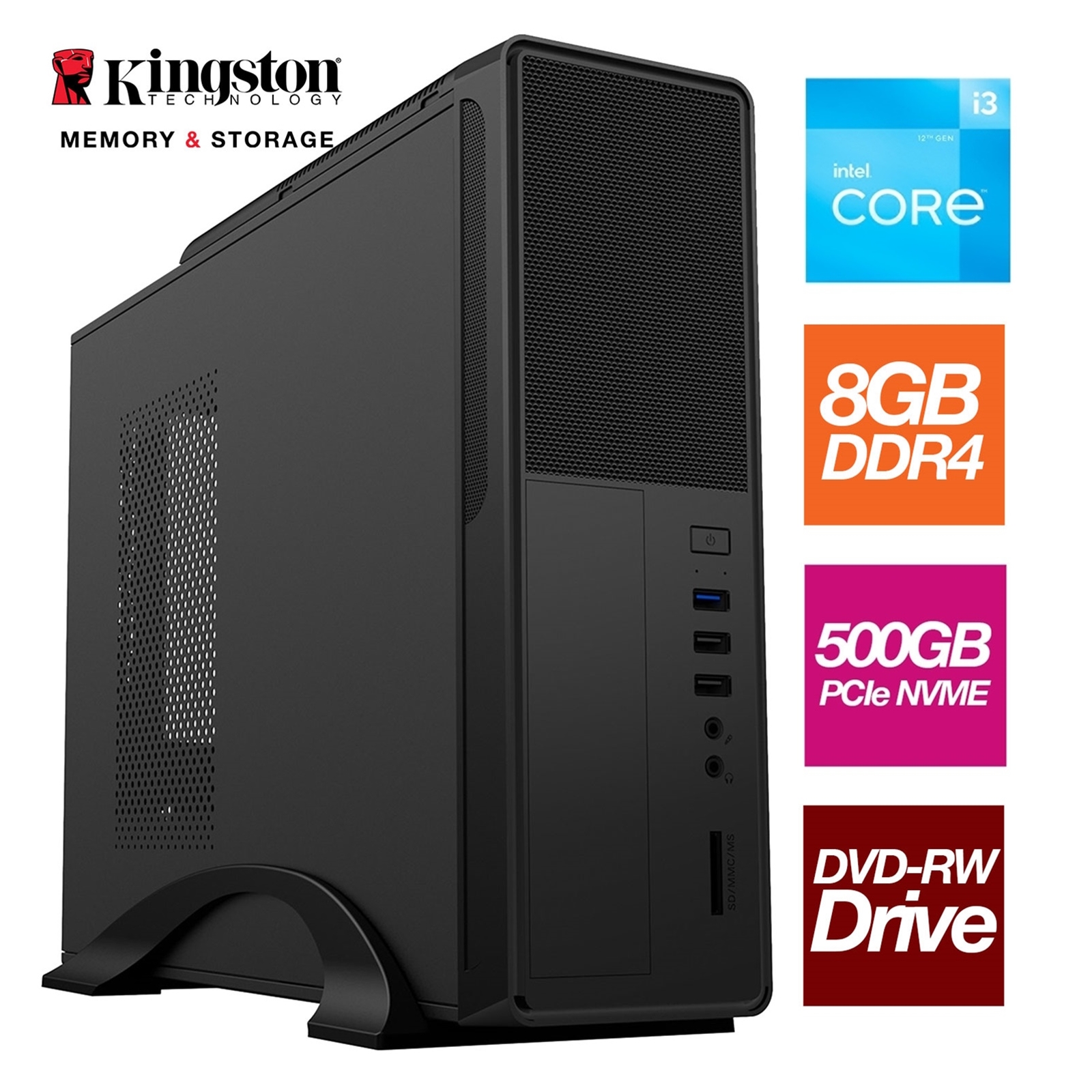 Small Form Factor - Intel i3 12100 4 Core 8 Thread 3.30GHz (4.30GHz Boost), 8GB Kingston RAM, 500GB Kingston NVMe M.2 - DVDRW, Wi-Fi, - Small Foot Print for Home or Office Use - Pre-Built PC - Image 4