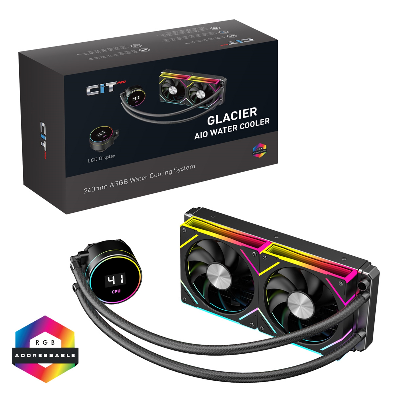 CiT Pro Glacier AIO 240mm Liquid CPU Cooler with ARGB LED Lighting, Dual PWM Fans, and Real-Time Temperature Display - Black - Image 4