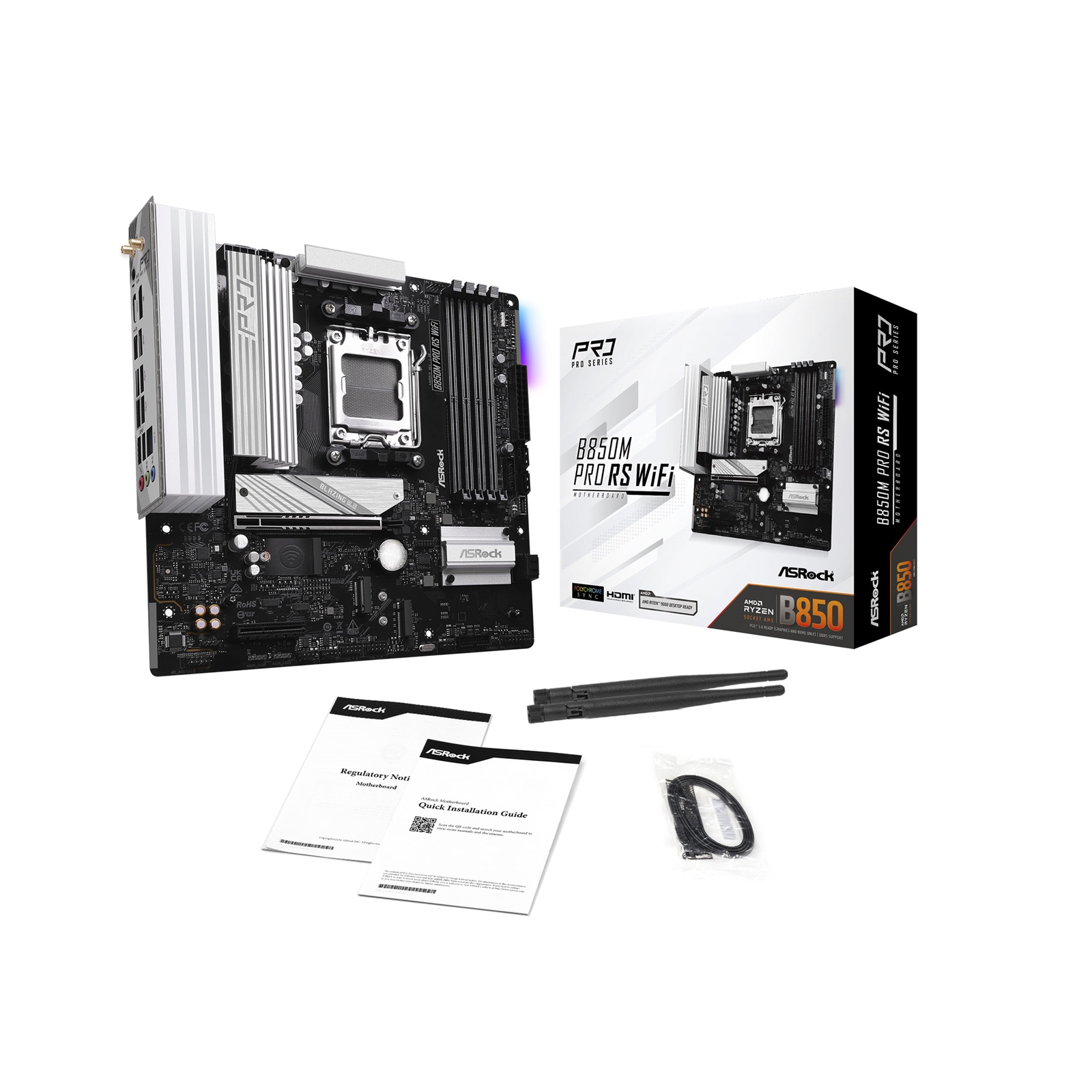 ASRock B850M Pro RS WiFi AMD AM5 Socket Motherboard, Micro-ATX, 4x DDR5 Slots, 3x M.2 Sockets, 2x USB-C Port, Fitted I/O Shield, 2.5GbE LAN, Wi-Fi 6E, 1x DisplayPort / 1x HDMI Port - Image 4