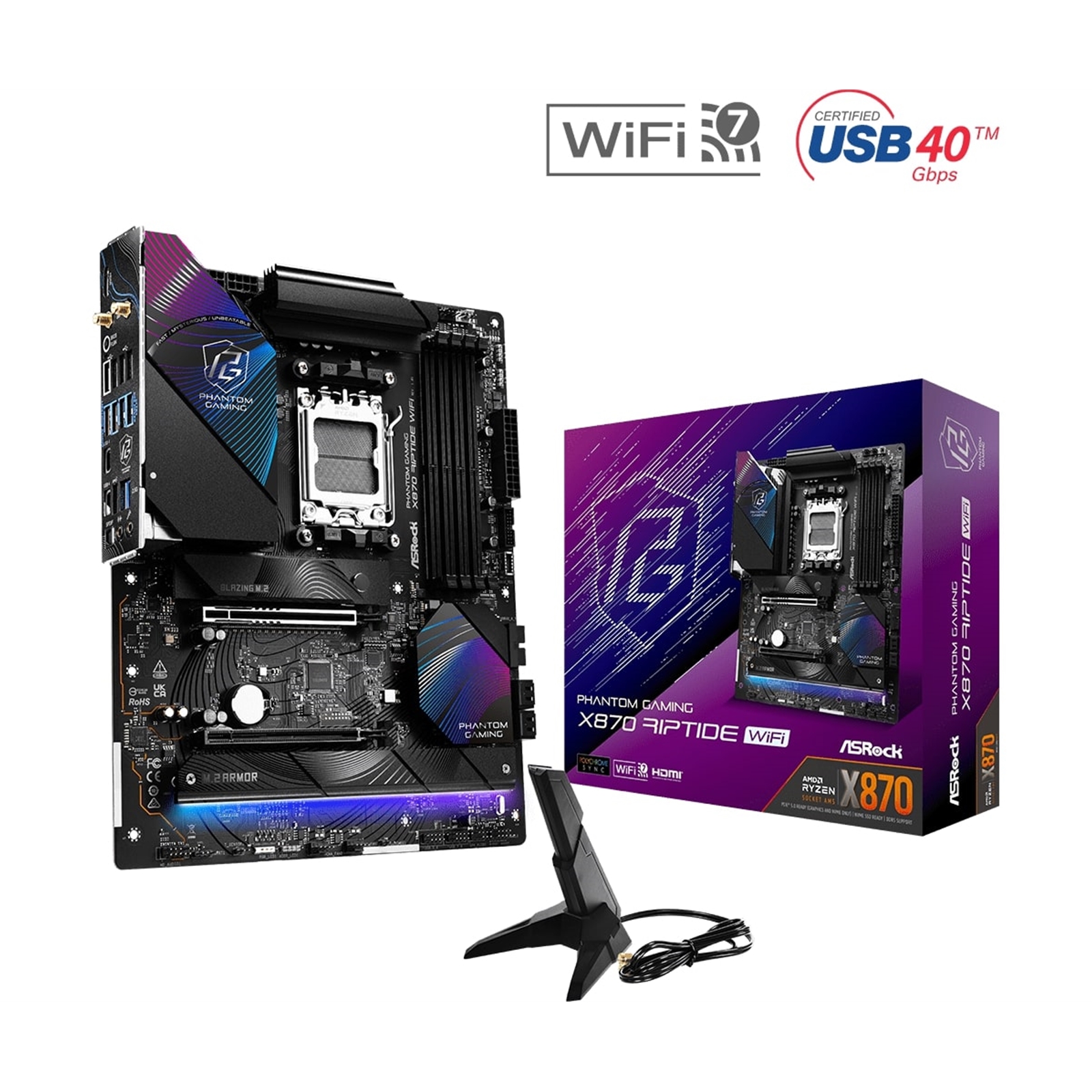 ASRock X870 RIPTIDE WIFI PHANTOM GAMING AMD AM5 Socket Motherboard, ATX, 4x DDR5 Slots, 3x M.2 Sockets, 3x USB-C Port, Fitted I/O Shield, 2.5GbE LAN, Wi-Fi 7, 1x HDMI Port / 2x USB-C (USB4) - Image 4