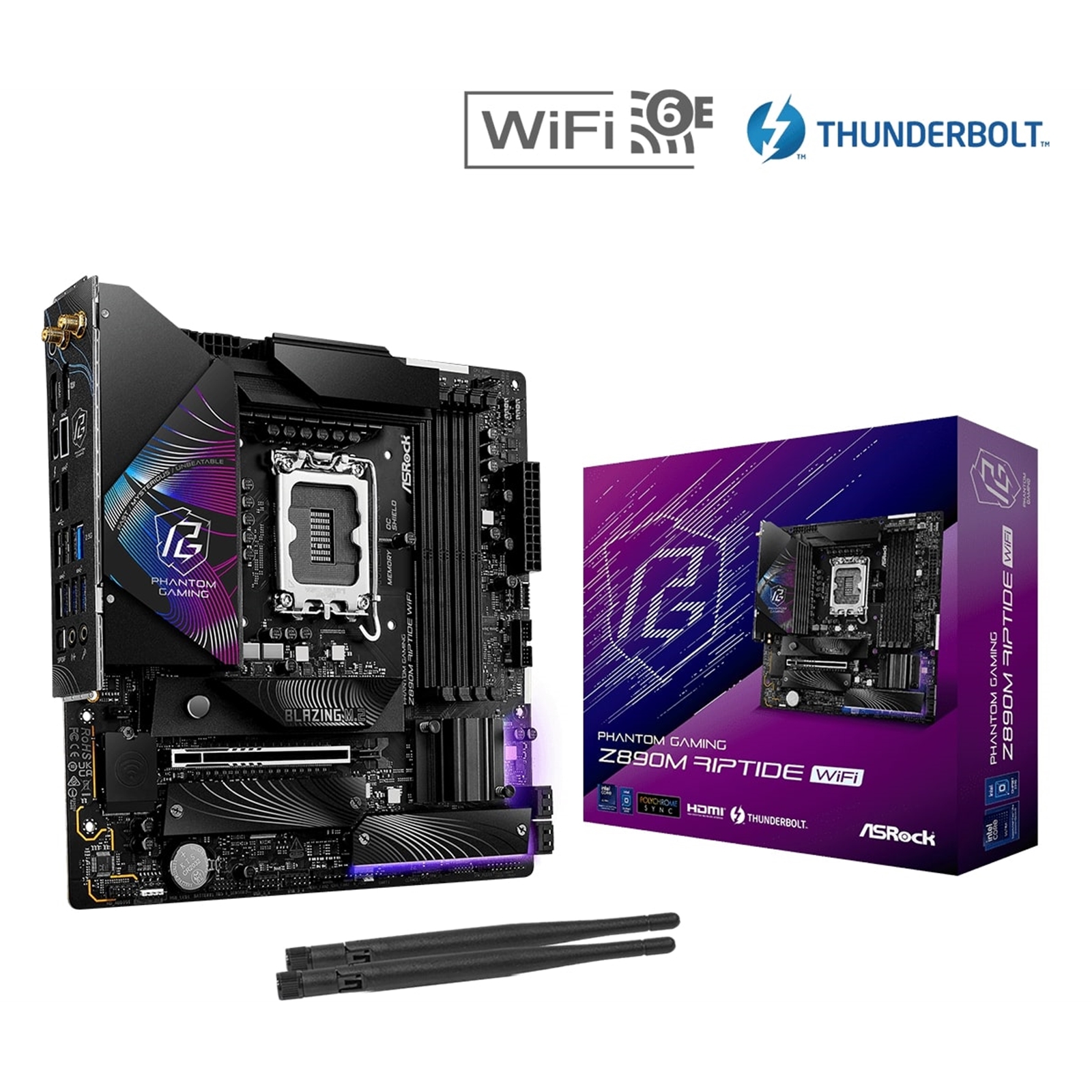 ASRock Z890M RIPTIDE WIFI PHANTOM GAMING Intel 1851 Socket Motherboard, Micro-ATX, 4x DDR5 Slots, 3x M.2 Sockets, 3x USB-C Port, Fitted I/O Shield, 2.5GbE LAN, Wi-Fi 6E, 1x DisplayPort / 1x HDMI / 2x USB-C (USB4) - Image 4