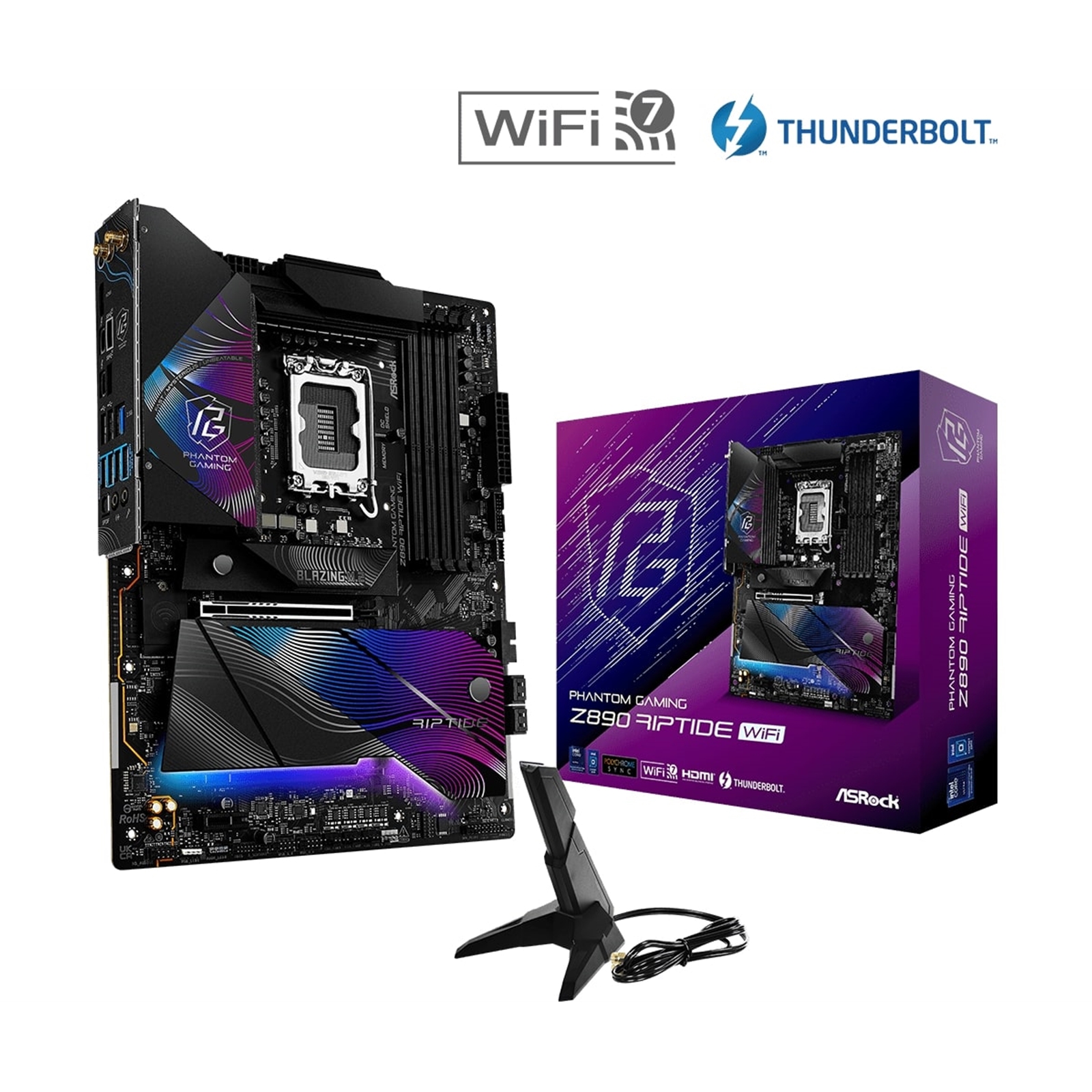 ASRock Z890 RIPTIDE WIFI PHANTOM GAMING Intel 1851 Socket Motherboard, ATX, 4x DDR5 Slots, 5x M.2 Sockets, 3x USB-C Port, Fitted I/O Shield, 2.5GbE LAN, Wi-Fi 7, 1x HDMI Port / 2x USB-C (USB4) - Image 2