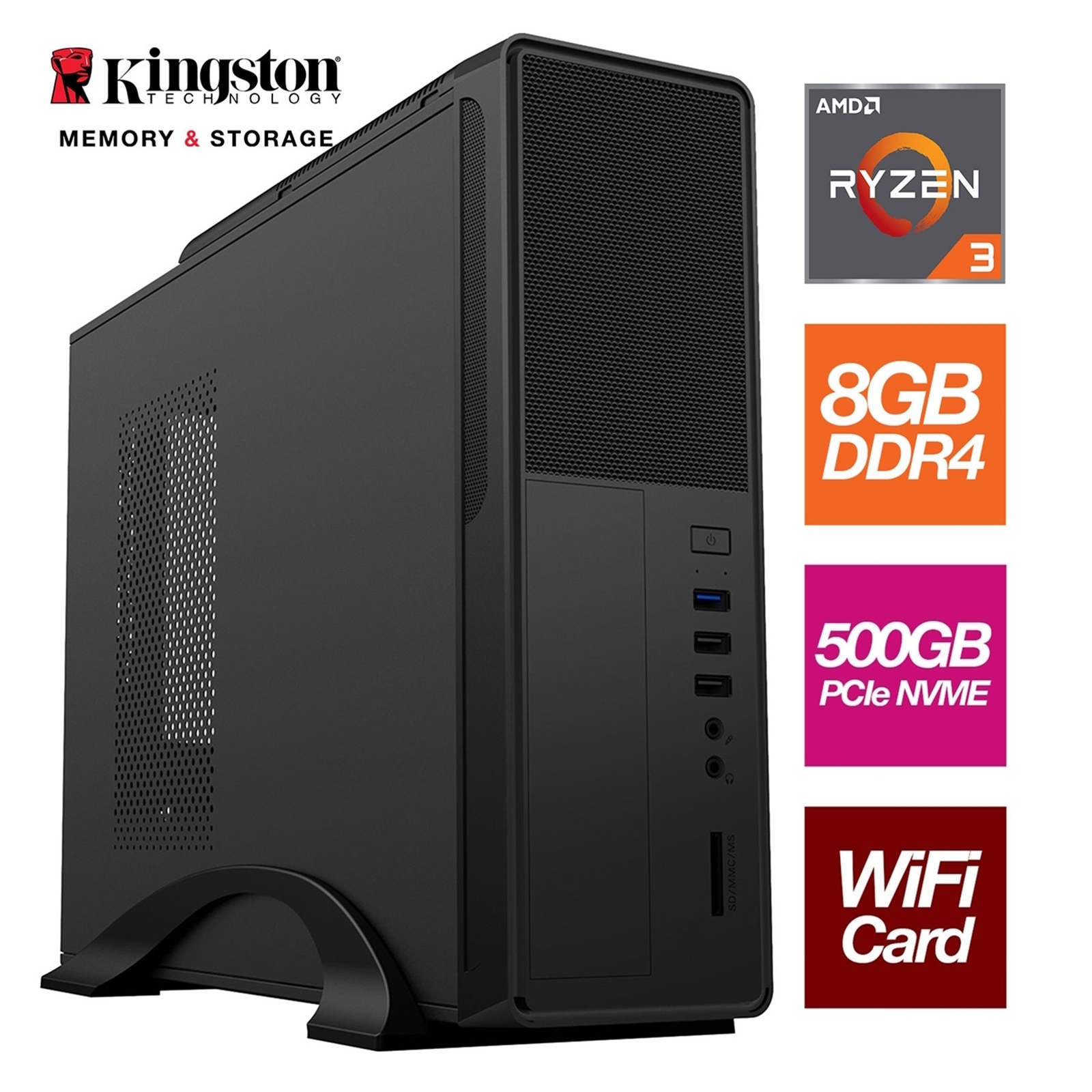 AMD Ryzen 3 3200G 4 Core 8 Threads 3.60GHz (4.00GHz Boost) 8GB Kingston DDR4 RAM, 500GB Kingston NVMe WiFi , - Small Form Factor Case - Pre-Built System - Image 2