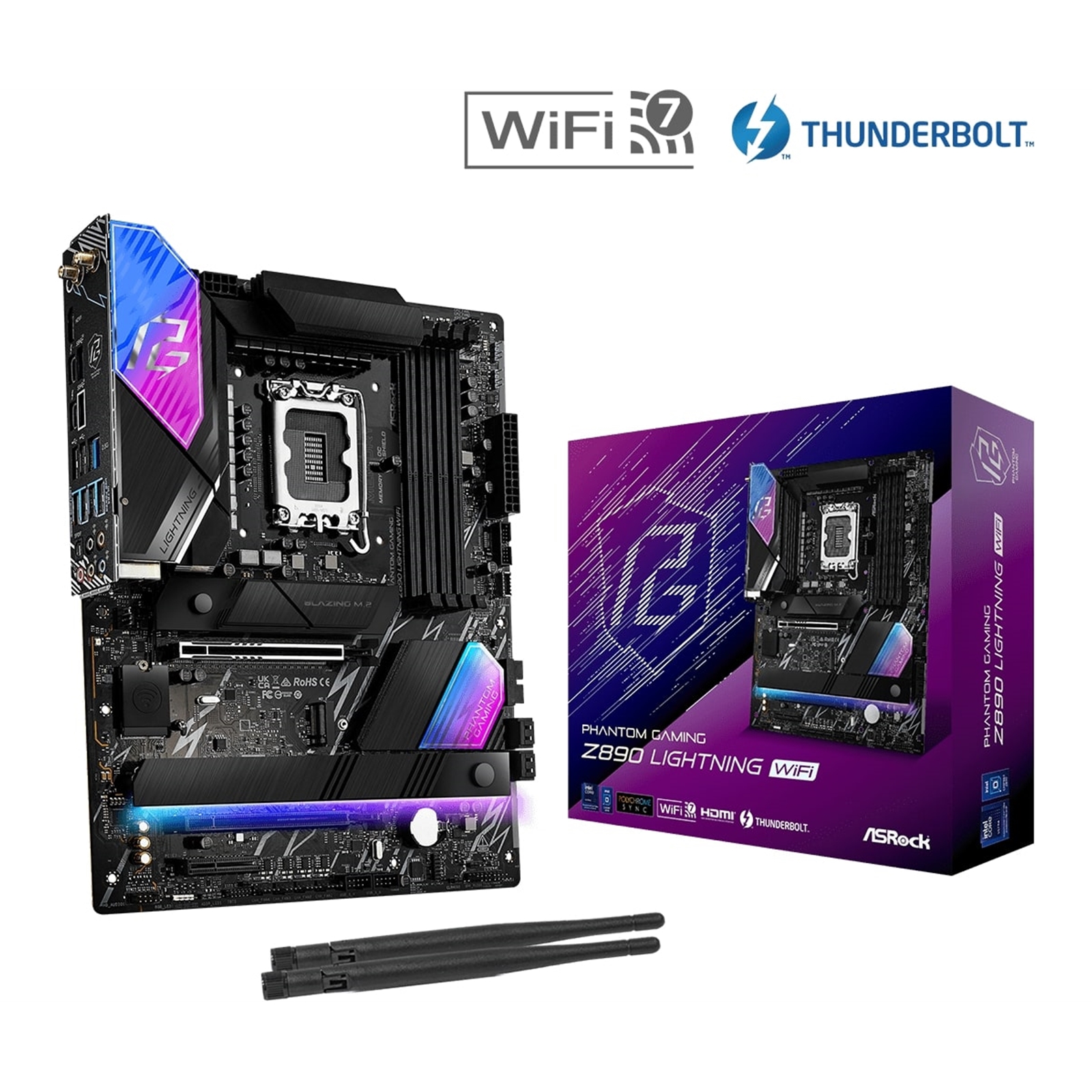 ASRock Z890 LIGHTNING WIFI PHANTOM GAMING Intel 1851 Socket Motherboard, ATX, 4x DDR5 Slots, 3x M.2 Sockets, 3x USB-C Port, Fitted I/O Shield, 2.5GbE LAN, Wi-Fi 7, 1x HDMI Port / 2x USB-C (USB4) - Image 2