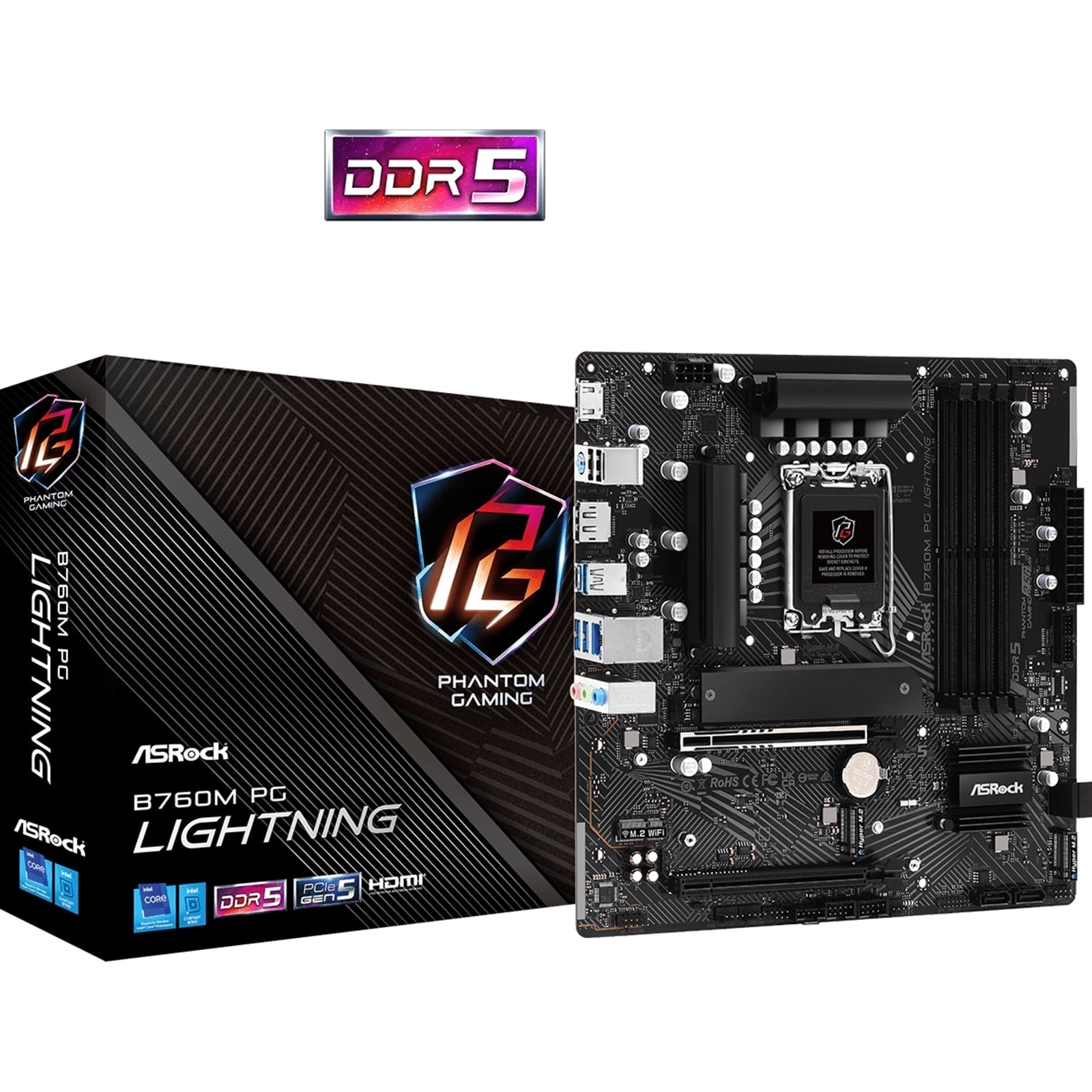 ASRock B760M PG Lightning Intel 1700 Socket Motherboard, Micro-ATX, 4x DDR5 Slots, 4x M.2 Sockets, 1x USB-C Port, 2.5GbE LAN, 1x DisplayPort / 1x HDMI Port - Image 4