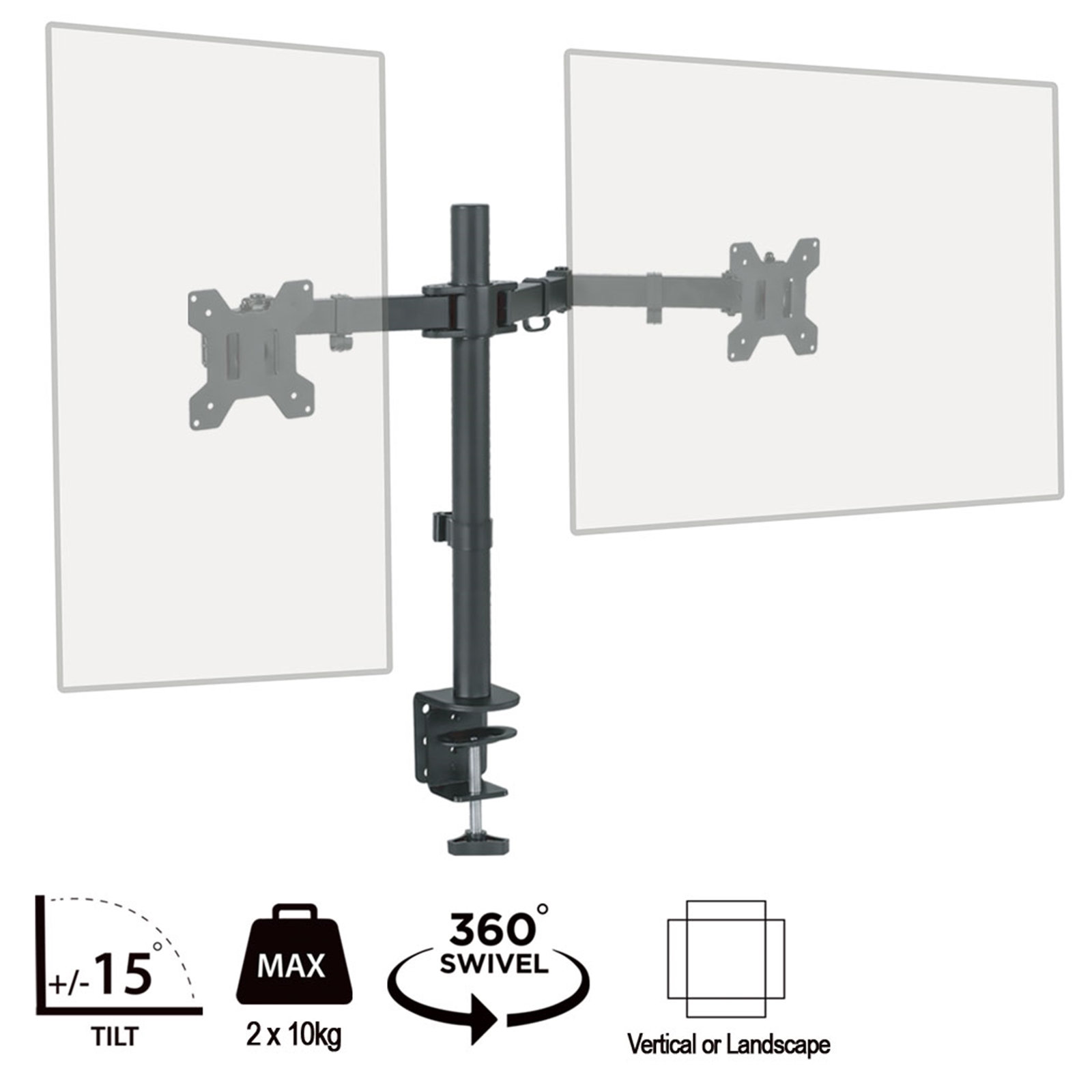 piXL Double Monitor Arm, For Upto 2x 27 inch Monitors, Desk Mounted, VESA dimensions of 75x75mm or 100x100mm, 180 Degrees Swivel, 15 Degrees Tilt, Weight Upto 10kg per screen, Built in Cable Management - Image 4