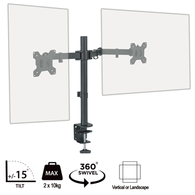 piXL Double Monitor Arm, For Upto 2x 27 inch Monitors, Desk Mounted, VESA dimensions of 75x75mm or 100x100mm, 180 Degrees Swivel, 15 Degrees Tilt, Weight Upto 10kg per screen, Built in Cable Management - Image 3