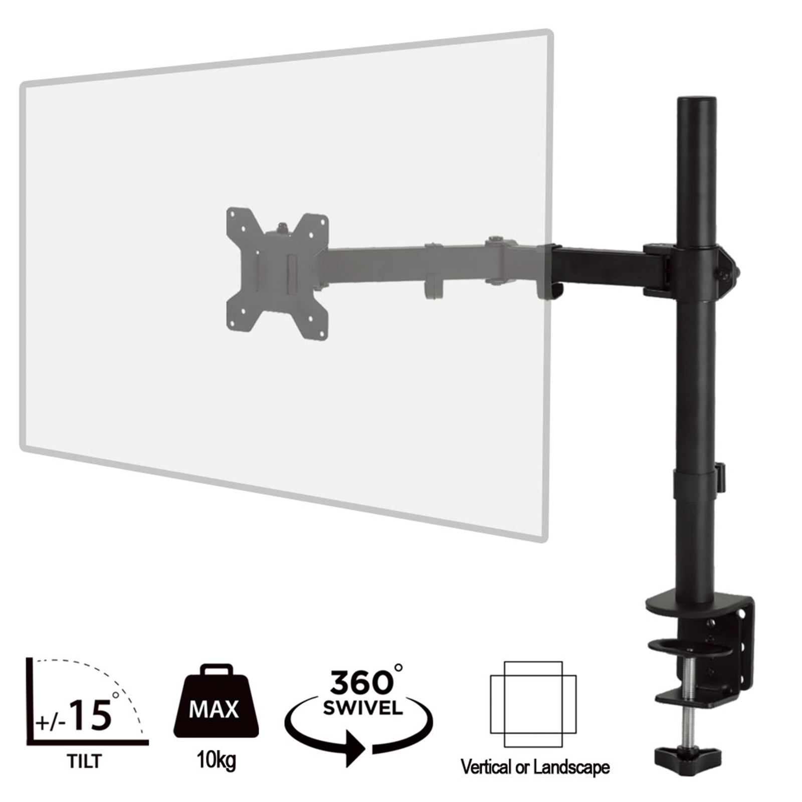 piXL Single Monitor Arm, For Screens Upto 32 inch, Desk Mounted, VESA dimensions of 75x75mm or 34 inch if 100x100mm Vesa, 180 Degrees Swivel, 15 Degrees Tilt, Weight Upto 10kg, Built in Cable Management, Black - Image 4