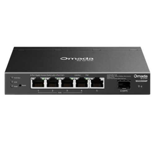TP-LINK (SG2206MP) Omada Access 6-Port Gigabit Switch with 4-Port PoE+, 5x GB RJ45, 1x GB SFP, Centralized Management, Metal Casing