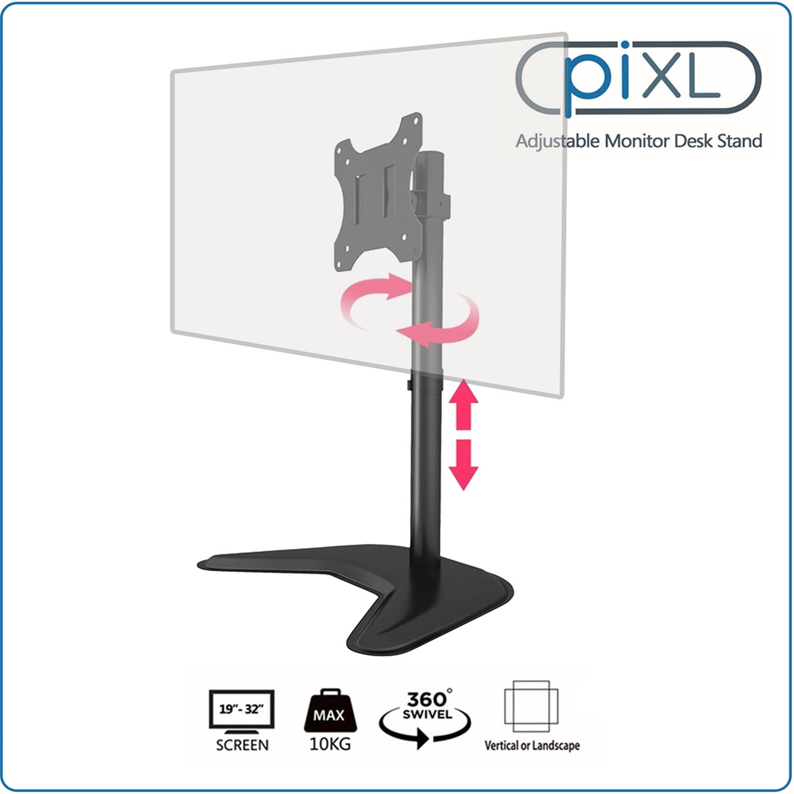 piXL Single Monitor Arm Desk Stand, For Screens up to 32", Max Weight 10Kg, Freestanding, Height Adjustable, Pivot, Swivel 360 - Image 4