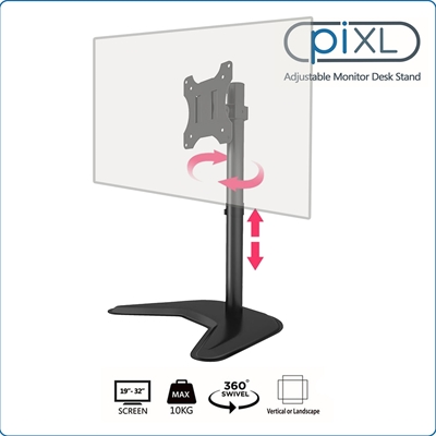 piXL Single Monitor Arm Desk Stand, For Screens up to 32", Max Weight 10Kg, Freestanding, Height Adjustable, Pivot, Swivel 360 - Image 3