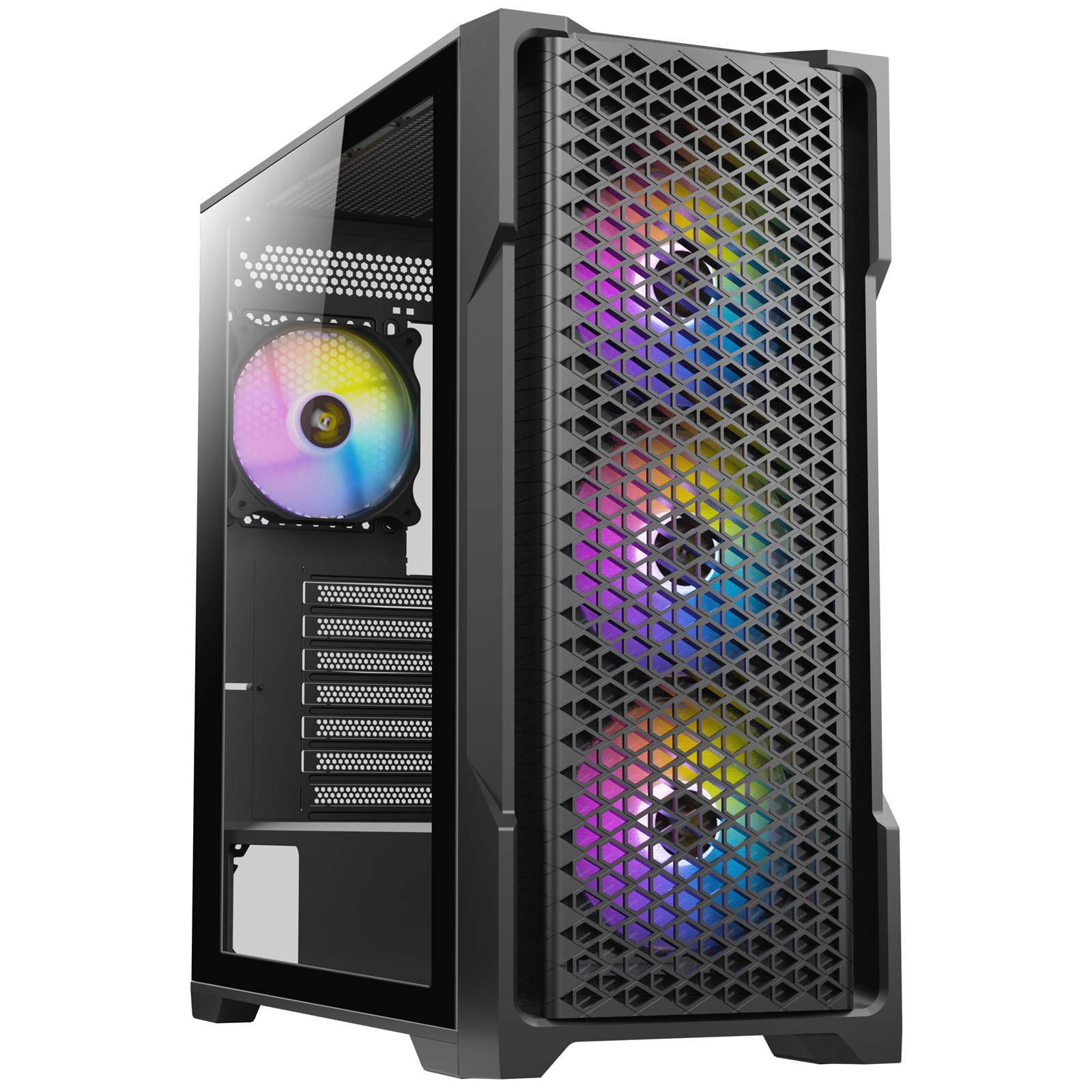 ANTEC AX90 Case, Black, Mid Tower, 1 x USB 3.0 / 2 x USB 2.0, Tempered Glass Side WIndow Panel, Diamond-Shaped Mesh Front Panel for Excellent Cooling Performance, 4 x Addressable RGB Fans Included with Hub - Image 4