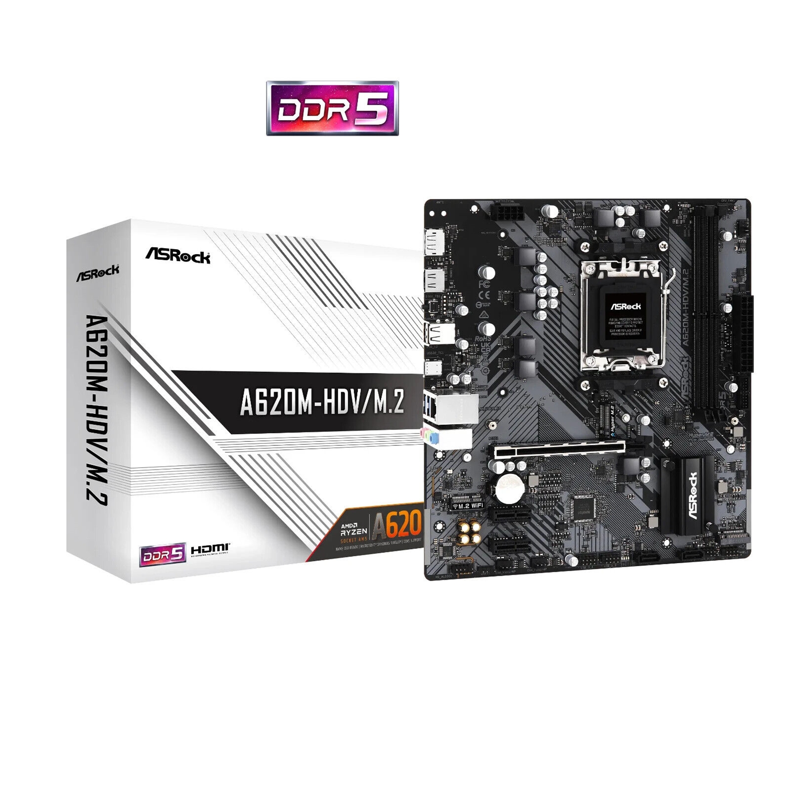 ASRock A620M-HDV/M.2 AMD AM5 Socket Motherboard, Micro-ATX, 2x DDR5 Slots, 1x M.2 Socket, GbE LAN, 1x DisplayPort / 1x HDMI Port - Image 4