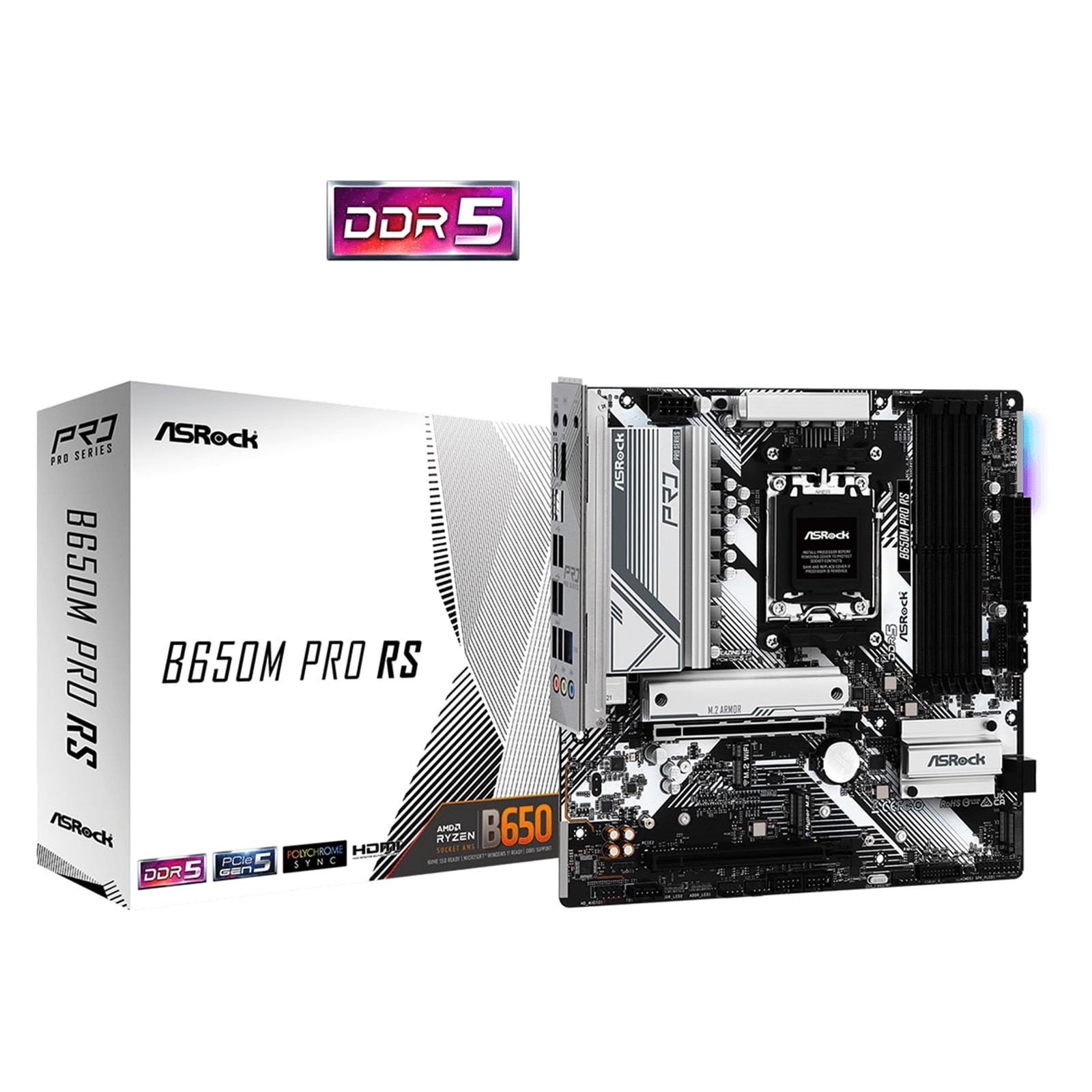 ASRock B650M Pro RS AMD AM5 Socket Motherboard, Micro-ATX, 4x DDR5 Slots, 3x M.2 Sockets, 2x USB-C Port, Fitted I/O Shield, 2.5GbE LAN, 1x DisplayPort / 1x HDMI Port - Image 4