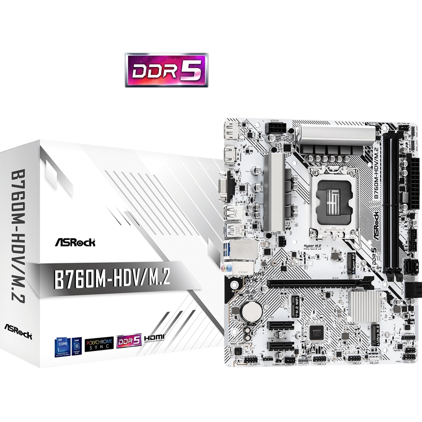 ASRock B760M-HDV/M.2 Intel 1700 Socket Motherboard, Micro-ATX, 2x DDR5 Slots, 3x M.2 Sockets, 1x USB-C Port, 2.5GbE LAN, 1x D-Sub / 1x DisplayPort / 1x HDMI Port - Image 4