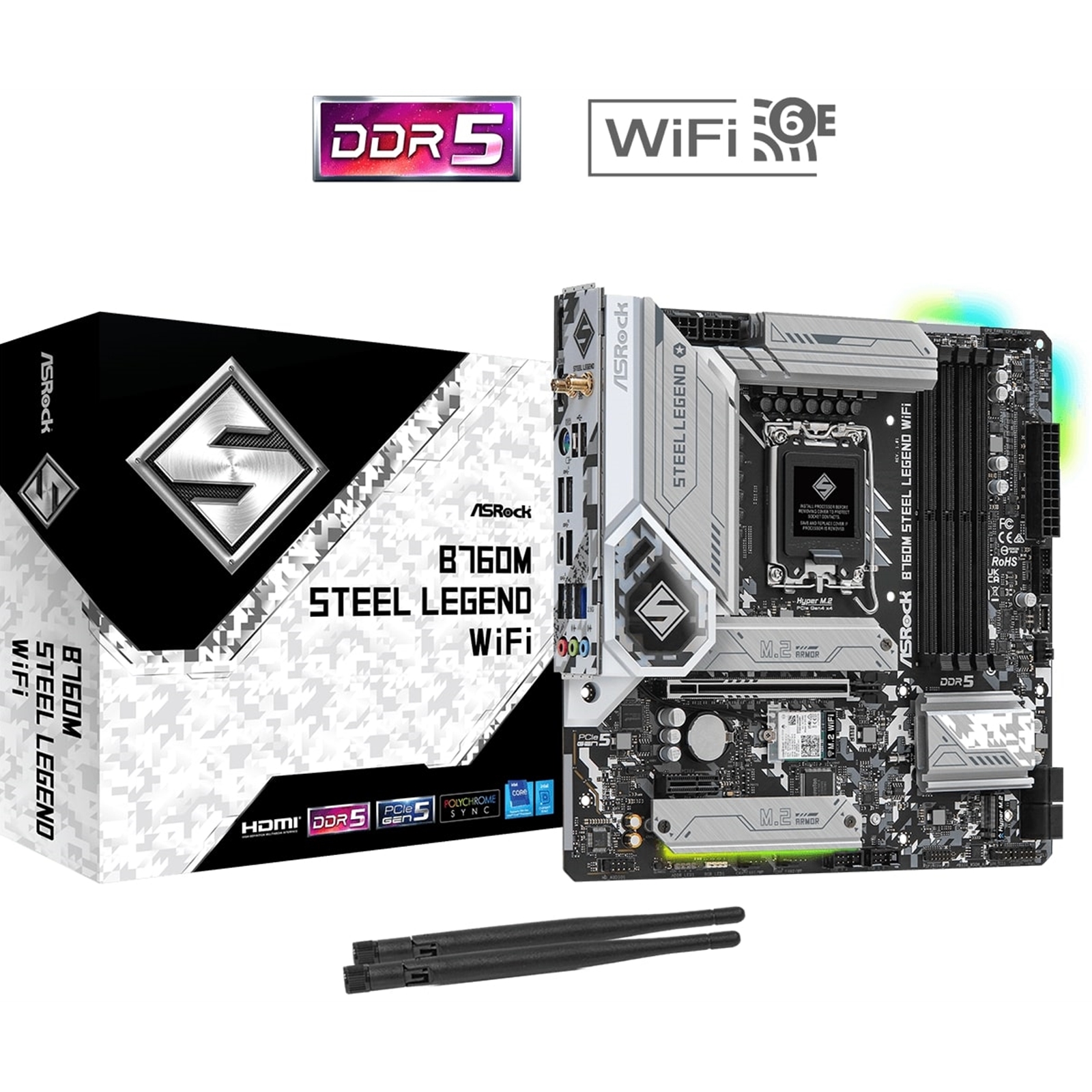 ASRock B760M Steel Legend WiFi Intel 1700 Socket Motherboard, Micro-ATX, 4x DDR5 Slots, 4x M.2 Sockets, 2x USB-C Port, Fitted I/O Shield, 2.5GbE LAN, Wi-Fi 6E, 1x DisplayPort / 1x HDMI Port - Image 4