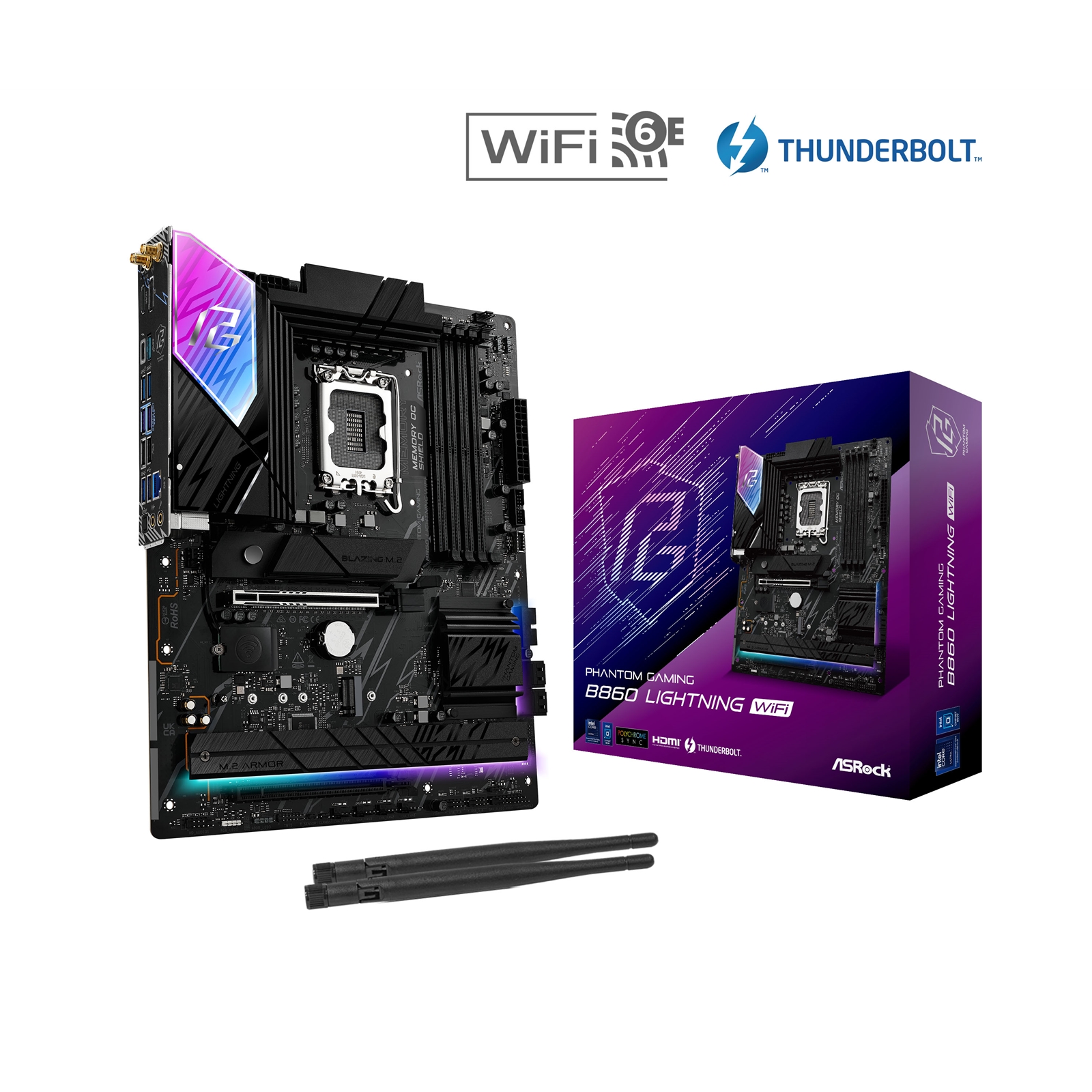 ASRock B860 Lightning WiFi PHANTOM GAMING Intel 1851 Socket Motherboard, ATX, 4x DDR5 Slots, 4x M.2 Sockets, 2x USB-C Port, Fitted I/O Shield, 2.5GbE LAN, Wi-Fi 6E, 1x DisplayPort / 1x HDMI / 1x USB-C (USB4) - Image 4