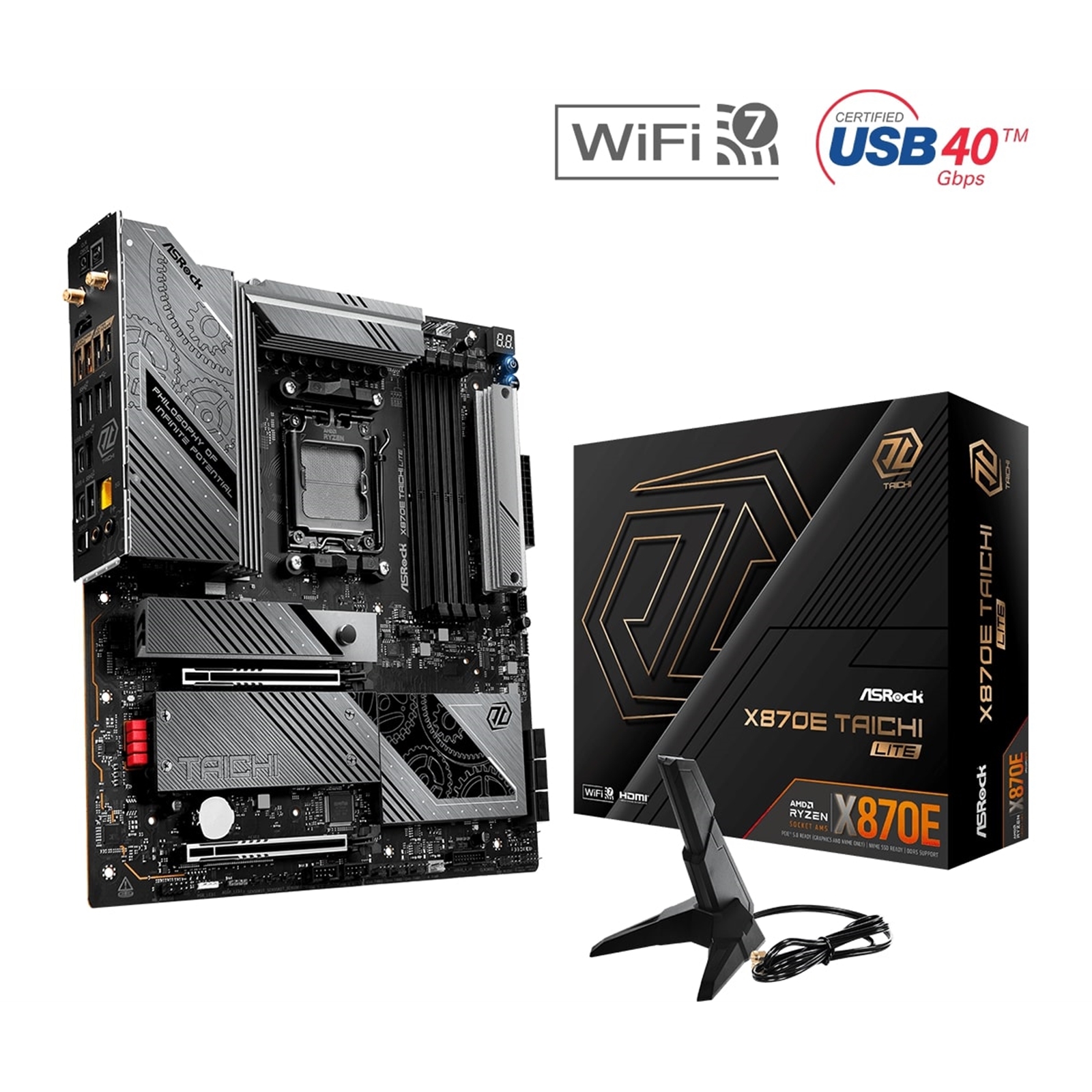 ASRock X870E TAICHI LITE AMD AM5 Socket Motherboard, E-ATX, 4x DDR5 Slots, 4x M.2 Sockets, 3x USB-C Port, Fitted I/O Shield, 5GbE LAN, Wi-Fi 7, 1x HDMI Port / 2x USB-C (USB4) - Image 4