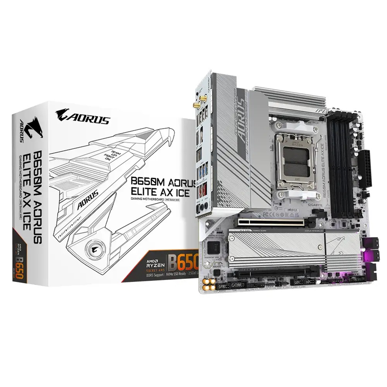 Gigabyte B650M AORUS ELITE AX ICE AMD AM5 Socket Motherboard, Micro-ATX, 4x DDR5 Slots, 2x M.2 Sockets, 2x USB-C Port, Fitted I/O Shield, 2.5GbE LAN, Wi-Fi 6E, 1x DisplayPort / 1x HDMI Port - Image 4