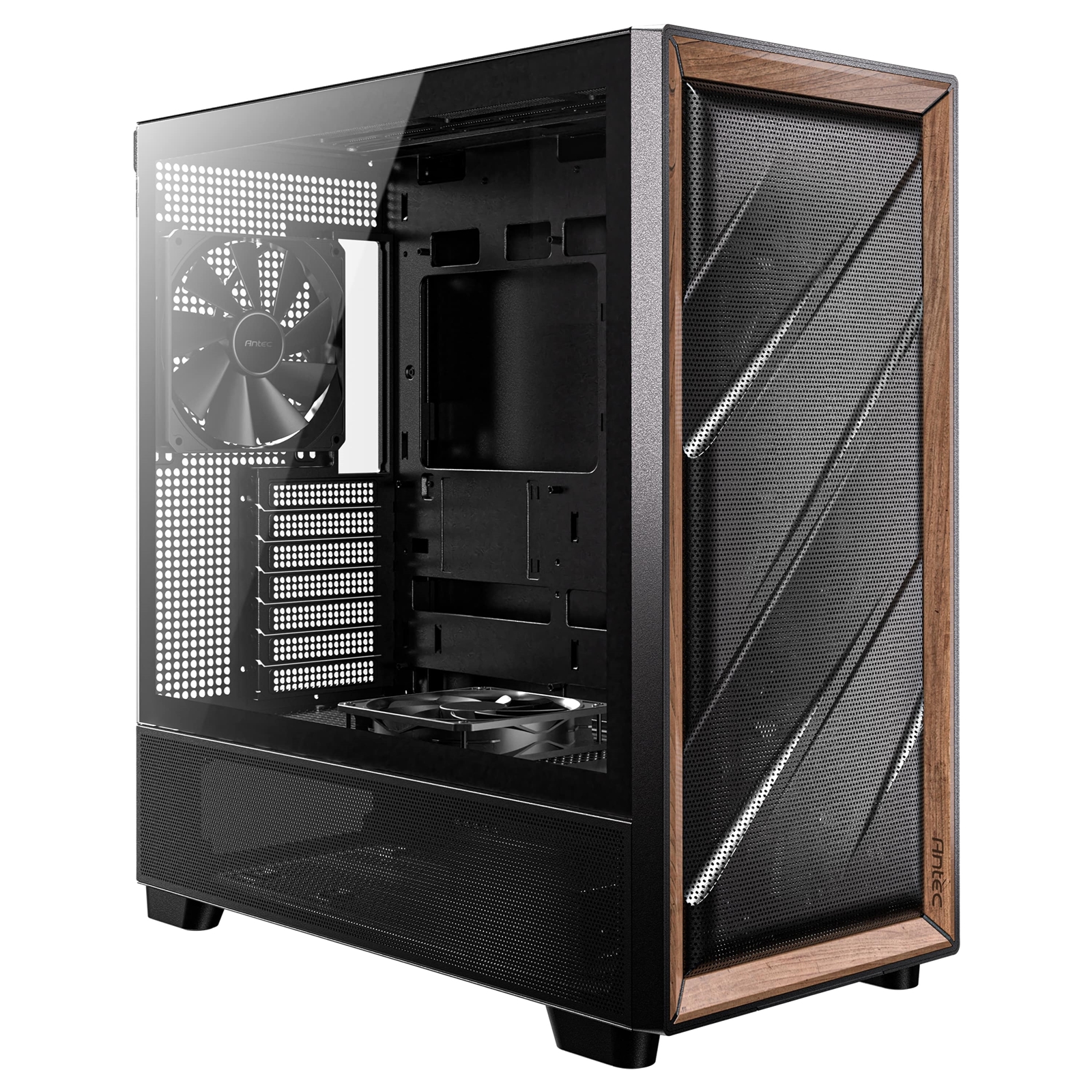 Antec FLUX Mid Tower PC Case - Tempered Glass, Black/Wood, 5 PWM Fans, USB-C, E-ATX/ATX/mATX/ITX Compatibility - Image 4