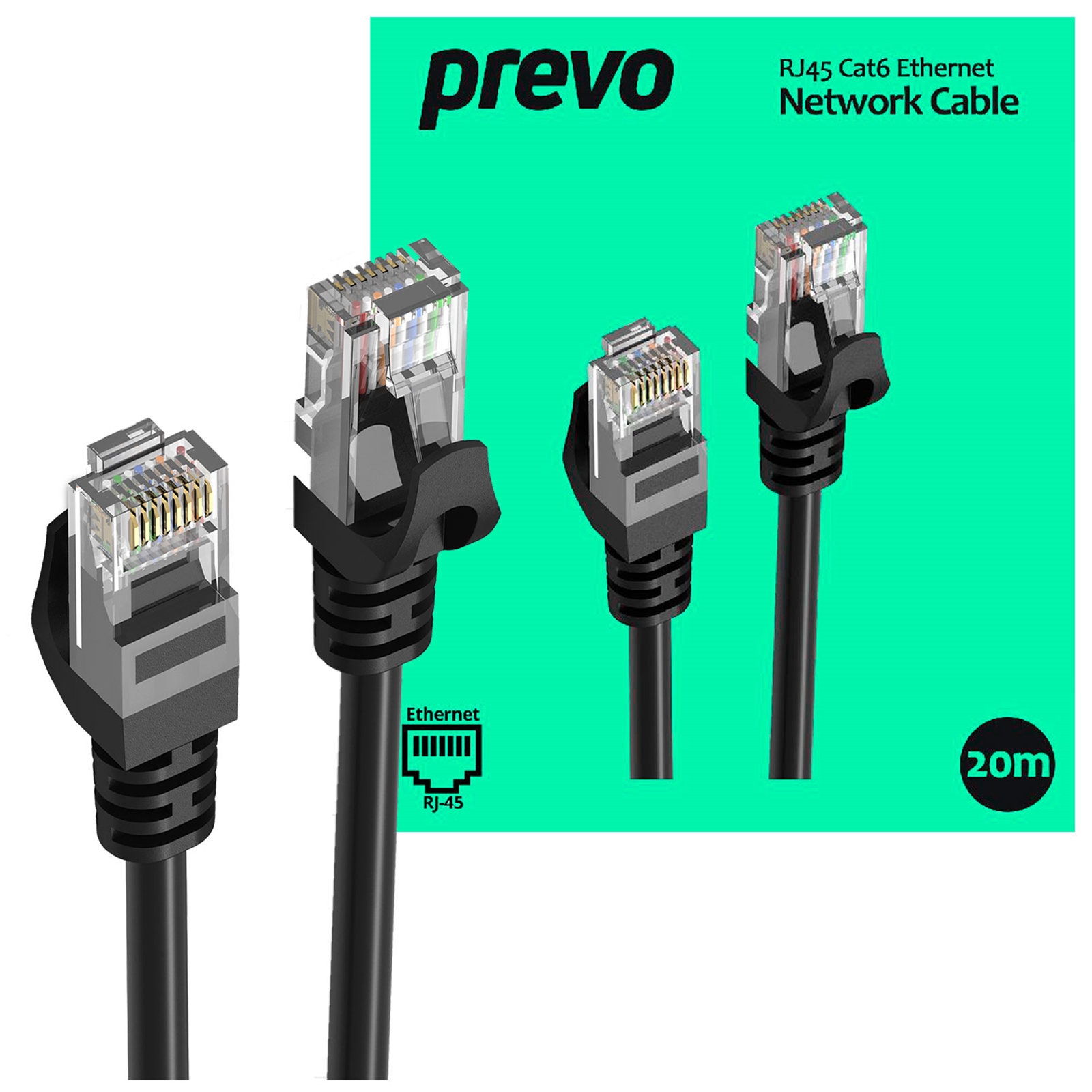 Prevo CAT6-BLK-20M Network Cable, RJ45 (M) to RJ45 (M), CAT6, 20m, Black, Oxygen Free Copper Core, Sturdy PVC Outer Sleeve & Clip Protector, Retail Box Packaging - Image 4