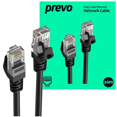 Prevo CAT6-BLK-20M Network Cable, RJ45 (M) to RJ45 (M), CAT6, 20m, Black, Oxygen Free Copper Core, Sturdy PVC Outer Sleeve & Clip Protector, Retail Box Packaging - Image 3