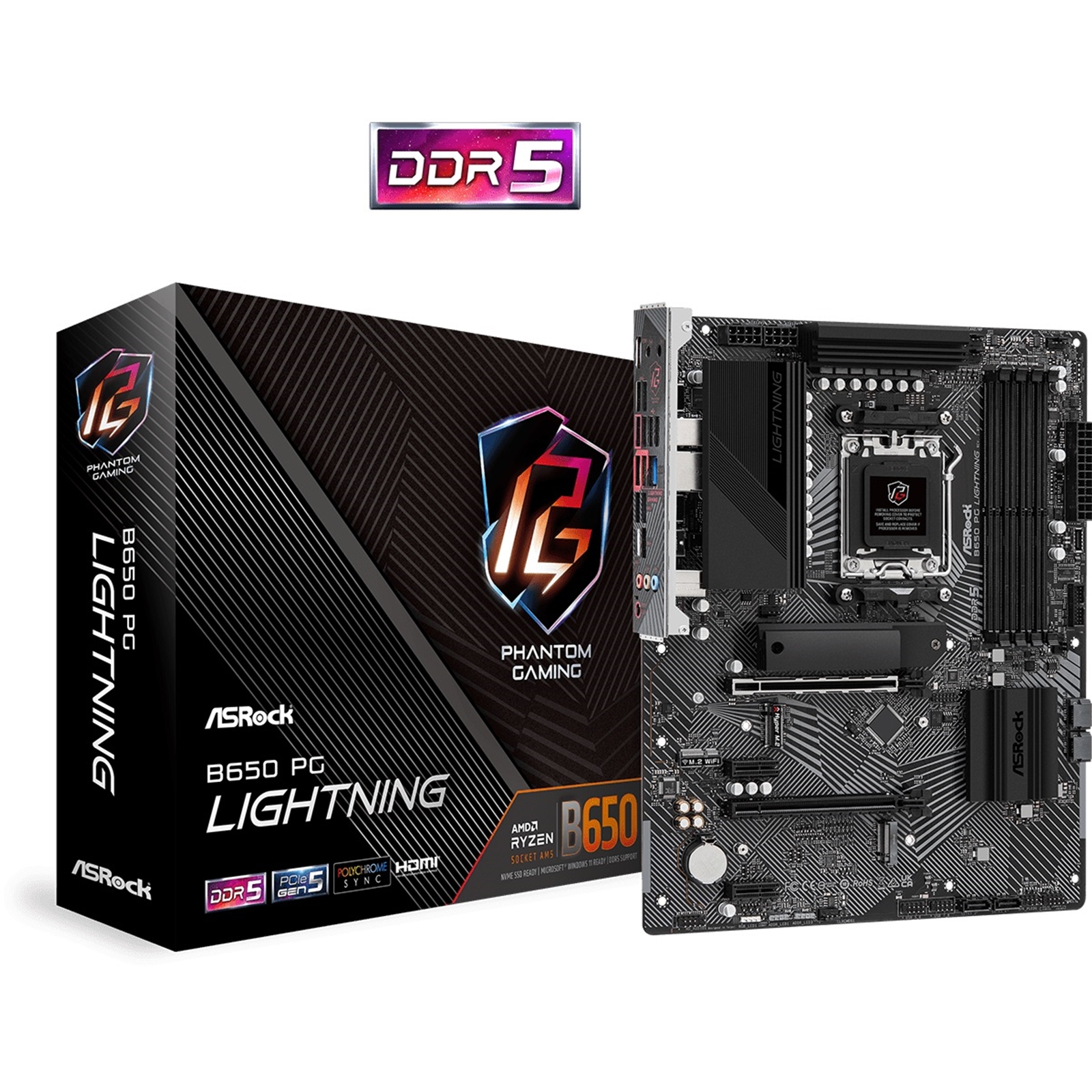ASRock B650 PG Lightning AMD AM5 Socket Motherboard, ATX, 4x DDR5 Slots, 3x M.2 Sockets, Fitted I/O Shield, 2.5GbE LAN, 1x HDMI Port - Image 3