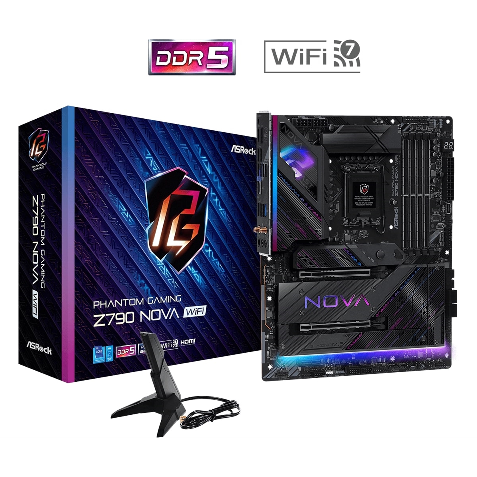 ASRock Z790 Nova WiFi PHANTOM GAMING Intel 1700 Socket Motherboard, ATX, 4x DDR5 Slots, 6x M.2 Sockets, Fitted I/O Shield, 2.5GbE LAN, Wi-Fi 7, 1x DisplayPort / 1x HDMI Port - Image 3