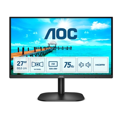 AOC 27B2AM 27 Inch LED Monitor, Widescreen, Full HD, VGA, HDMI, 4ms, 75Hz, Frameless, Speakers, VESA, Black - Image 2