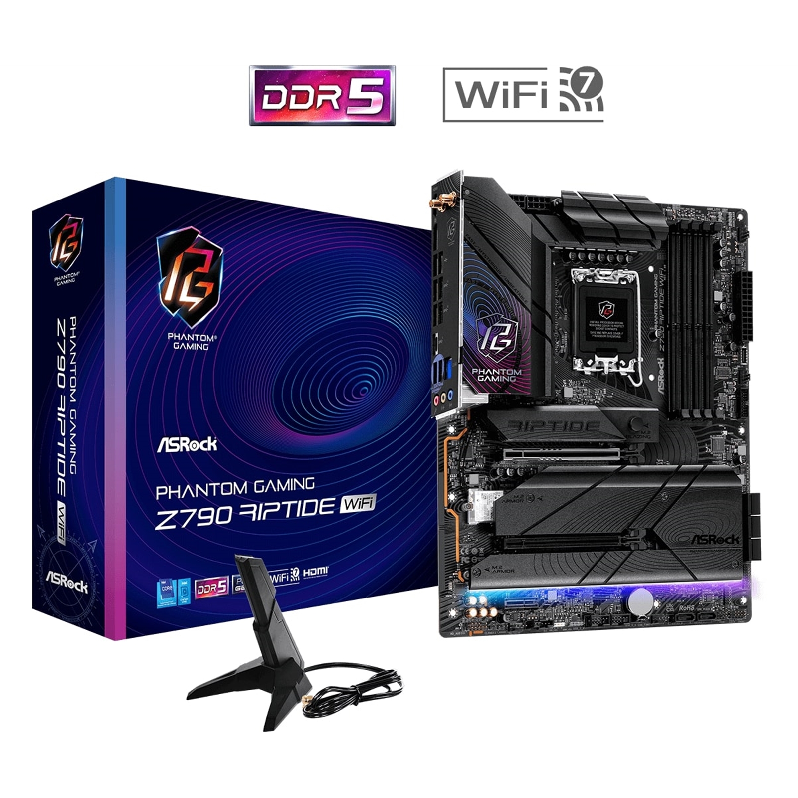 ASRock Z790 Riptide WiFi PHANTOM GAMING Intel 1700 Socket Motherboard, ATX, 4x DDR5 Slots, 5x M.2 Sockets, Fitted I/O Shield, 2.5GbE LAN, Wi-Fi 7, 1x DisplayPort / 1x HDMI Port - Image 3