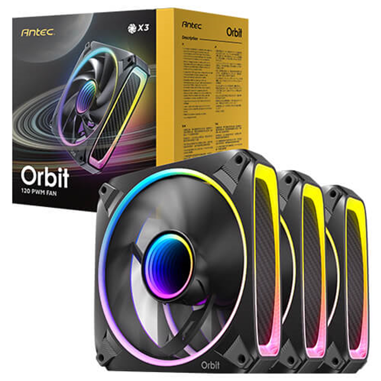 Antec Orbit 120 ARGB 120 mm PWM Fan Triple Pack - 120 mm x 28 mm, Fluid Dynamic Bearing, 200-2000 RPM, 66.72 CFM, aRGB Lighting, Anti-Vibration Pads - Image 3