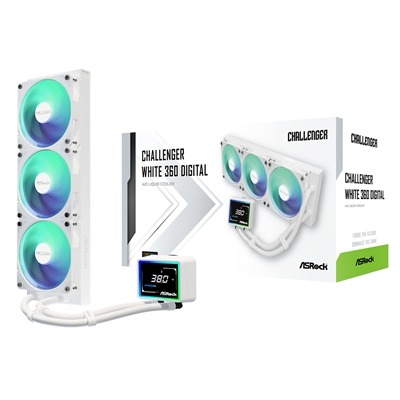 ASRock Challenger 360 Digital White AIO Liquid CPU Cooler, 360mm Radiator, Triple 120mm PWM ARGB Fans, 3? Digital Display, Intel LGA1700/1851 & AMD AM5/AM4 Compatible - Image 2