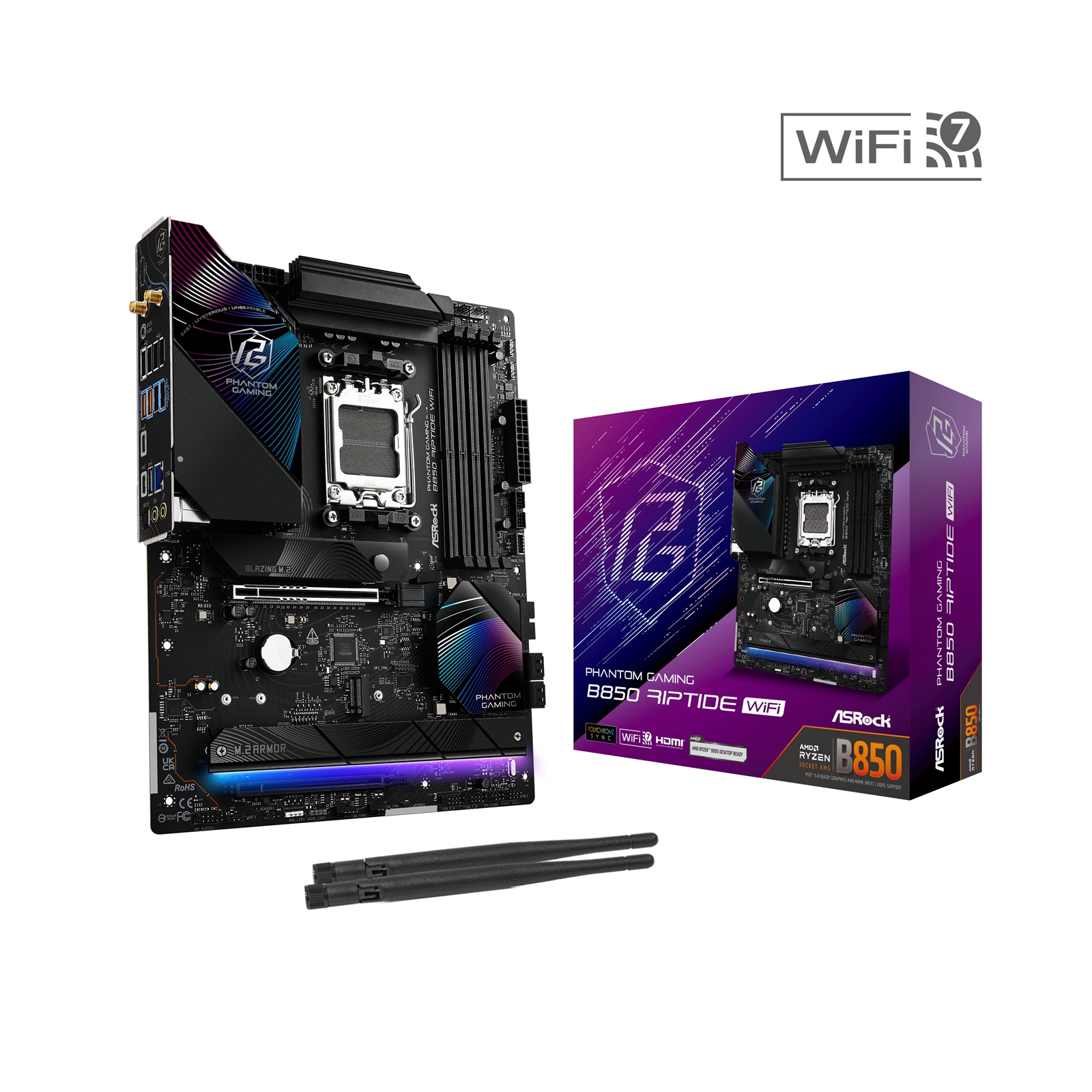 ASRock B850 Riptide WiFi PHANTOM GAMING AMD AM5 Socket Motherboard, ATX, 4x DDR5 Slots, 4x M.2 Sockets, Fitted I/O Shield, 2.5GbE LAN, Wi-Fi 7, 1x HDMI Port - Image 3