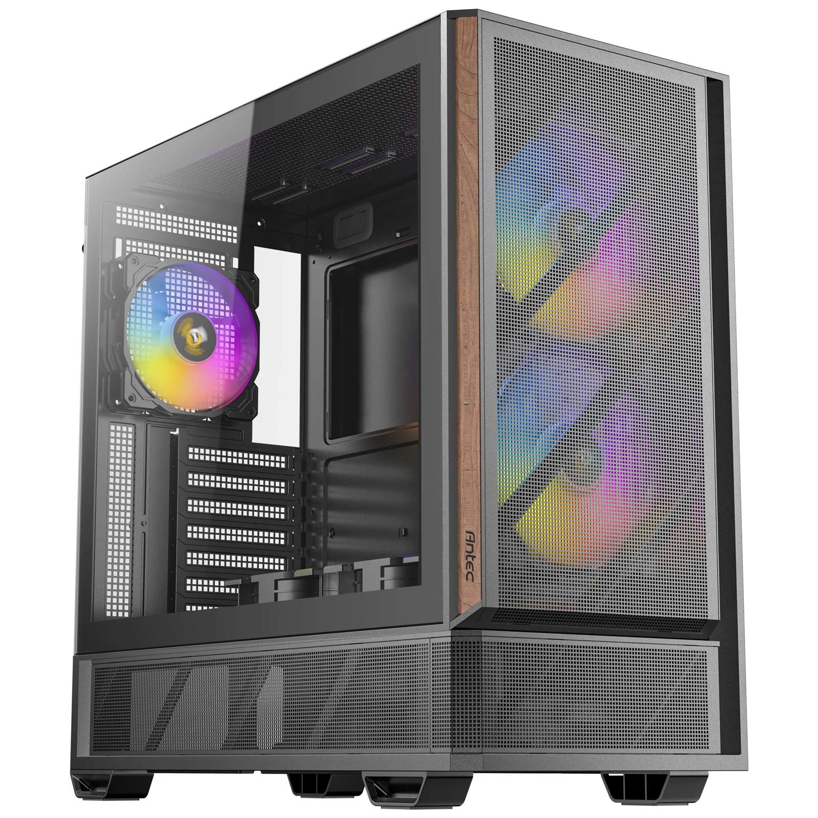 Antec P30 Mid Tower Gaming Case, 1 x USB Type-C / 2 x USB 3.0, Tempered Glass Side Window Panel, Large metal mesh front panel with premium wood accents, 5 x Pre-Installed ARGB LED Fans, ATX, micro-ATX, ITX Compatible - Image 3