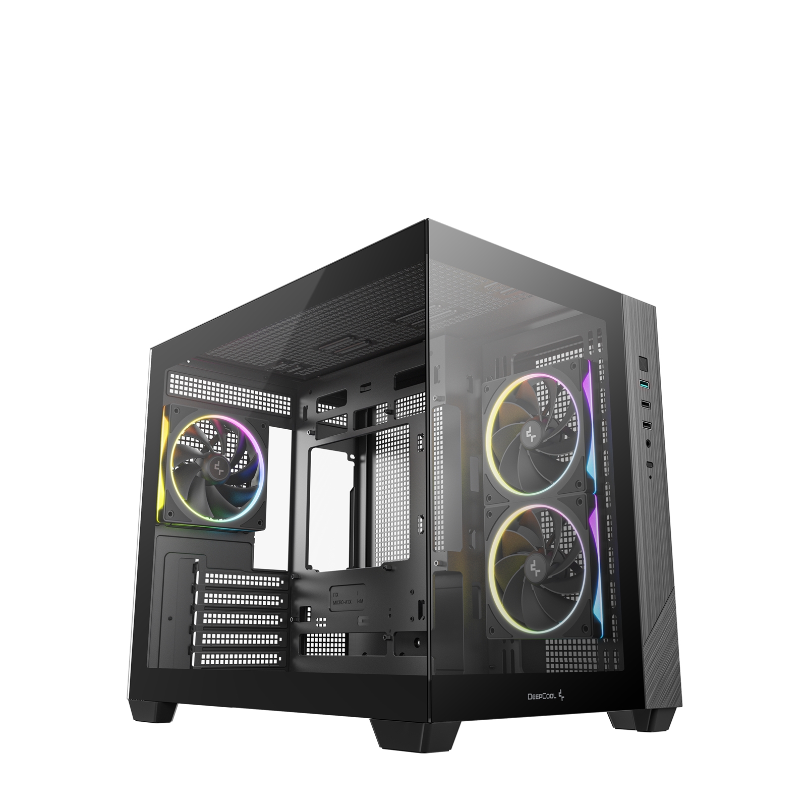 DeepCool CG330 3F ARGB Dual-Chamber Micro-ATX Tower Case, Tempered Glass Panels, 3 x 120mm ARGB Fans, USB 3.0, ITX/Micro-ATX, Black - Image 3