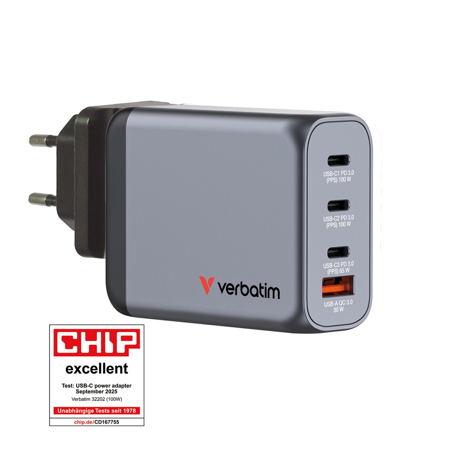 Verbatim (32202) GNC-100 GaN Charger 100W with 2 x USB-C PD 100W / 1 x USB-C PD 65W / 1 x USB-A QC 3.0 (EU/UK/US) - Image 3
