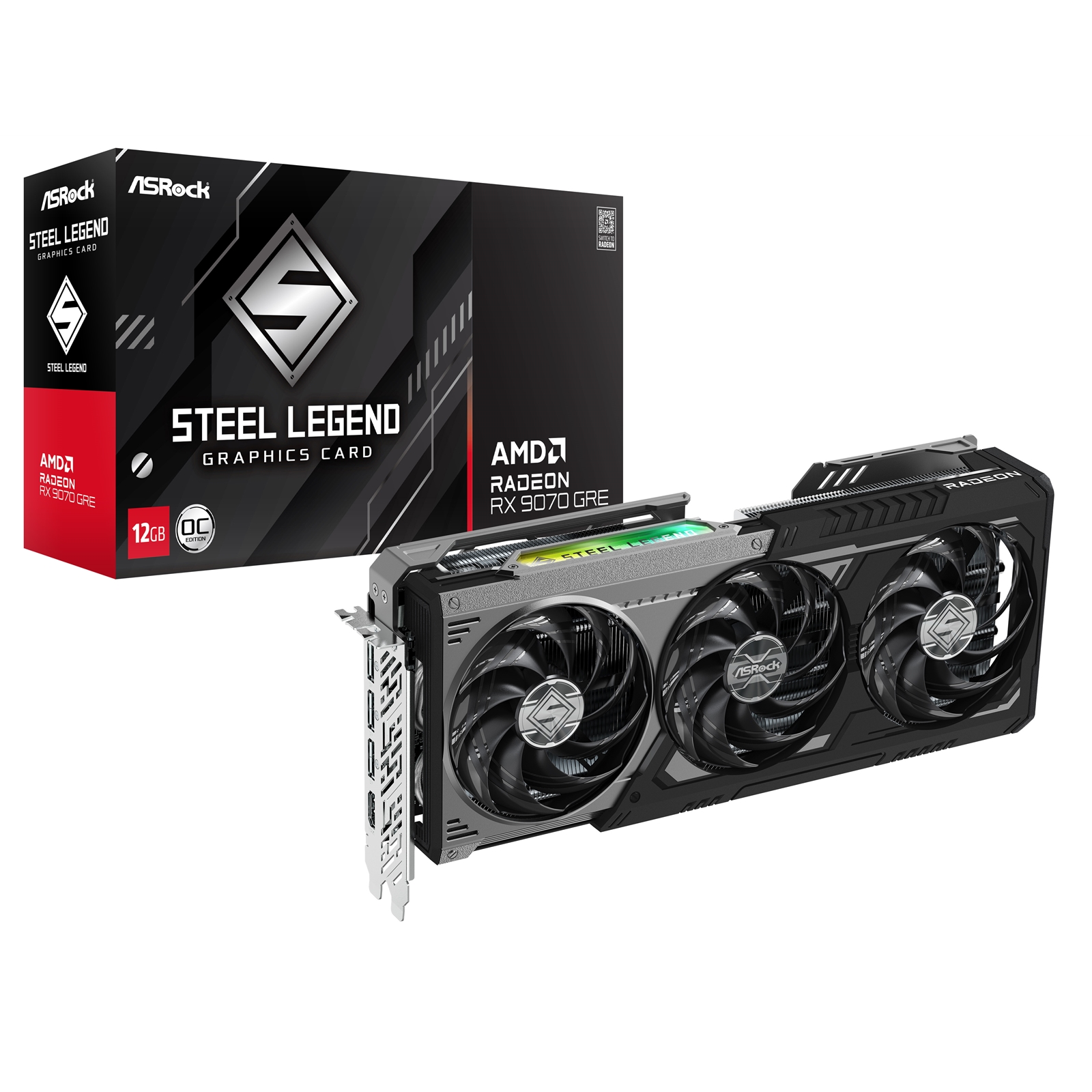 ASRock AMD Radeon RX 9070 GRE Steel Legend Dark OC 12GB GDDR6 Graphics Card, 3072 Streams, 2340MHz Core Clock, Triple Fan, 3x DisplayPorts / 1x HDMI Port - Image 3