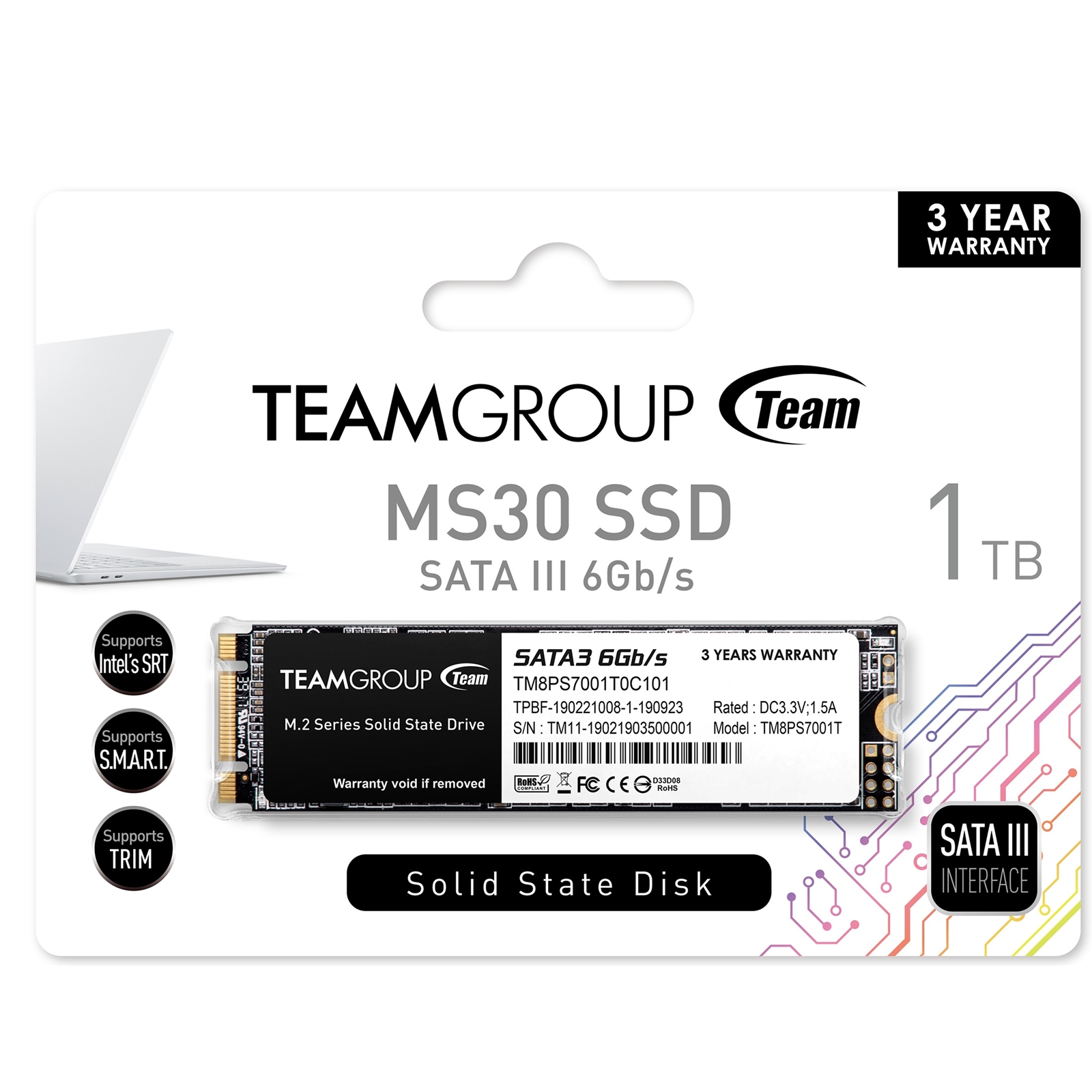 Team MS30 (TM8PS7001T0C101) 1TB, M.2 Sata Interface, Read 530MB/s, Write 480MB/s, 3 Year Warranty - Image 3