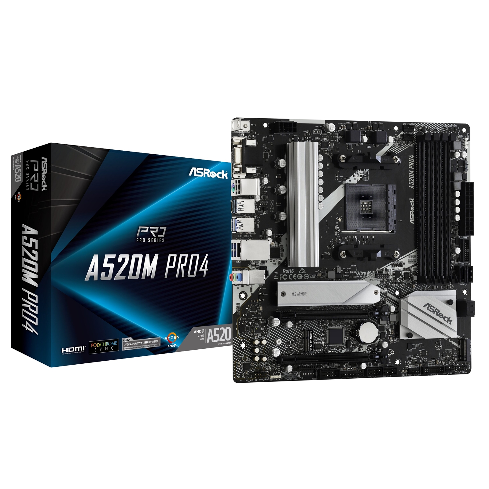 ASRock A520M PRO4 Super Alloy AMD AM4 Socket Motherboard, Micro-ATX, 4x DDR4 Slots, 1x M.2 Socket, GbE LAN, 1x D-Sub / 1x DisplayPort / 1x HDMI Port - Image 3