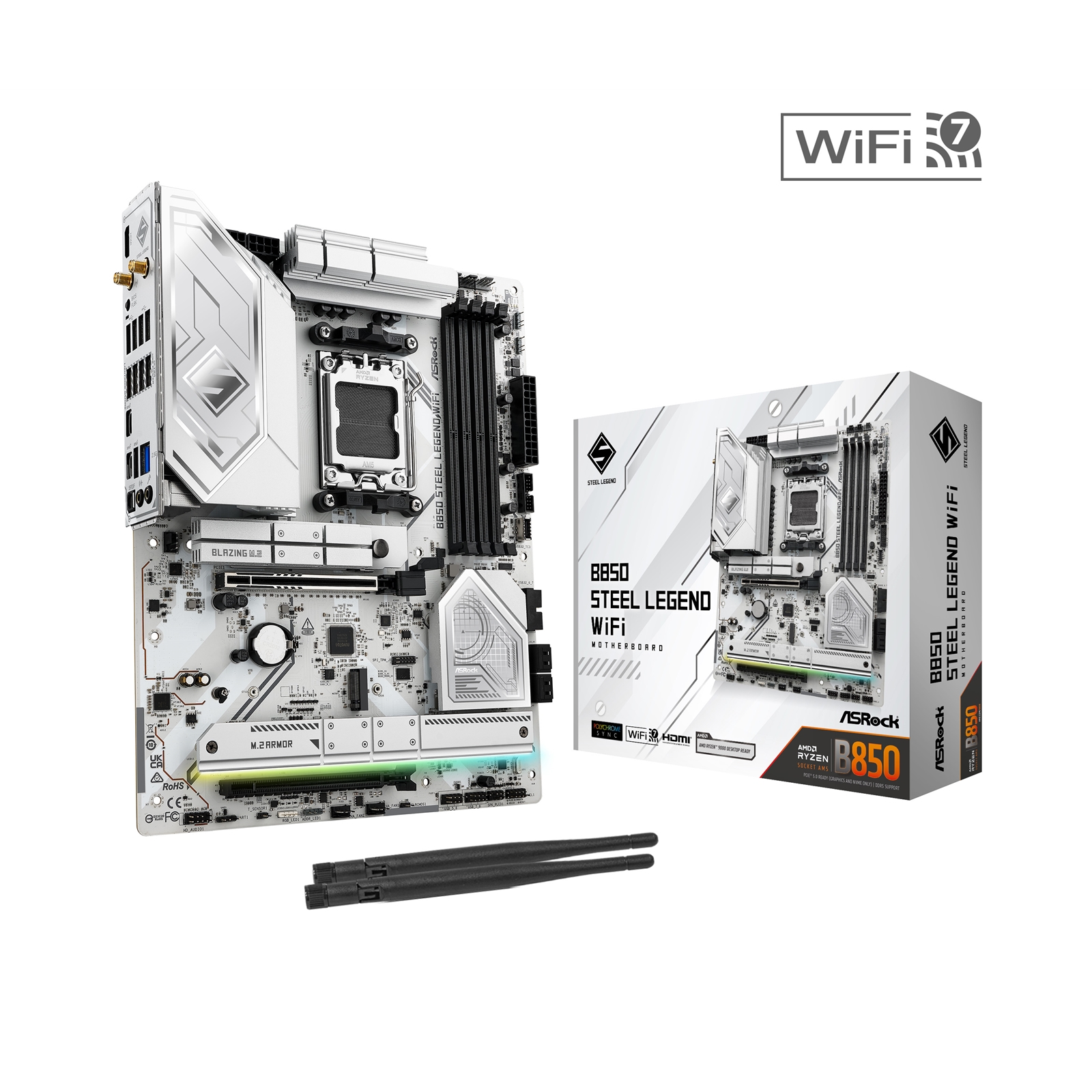ASRock B850 Steel Legend WiFi AMD AM5 Socket Motherboard, ATX, 4x DDR5 Slots, 4x M.2 Sockets, Fitted I/O Shield, 2.5GbE LAN, Wi-Fi 7, 1x HDMI Port - Image 3