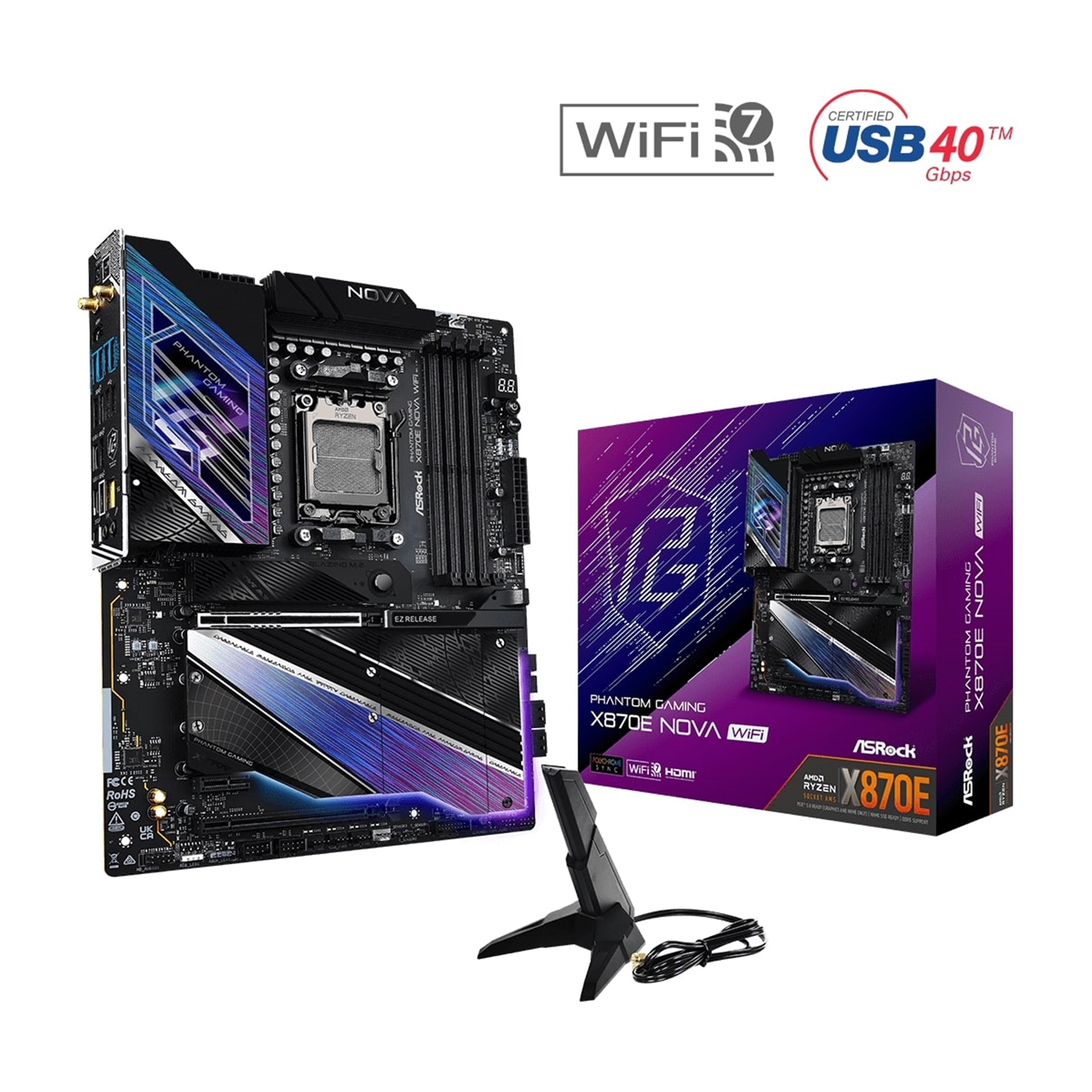 ASRock X870E NOVA WIFI PHANTOM GAMING AMD AM5 Socket Motherboard, ATX, 4x DDR5 Slots, 5x M.2 Sockets, Fitted I/O Shield, 5GbE LAN, Wi-Fi 7, 1x HDMI Port / 2x USB-C (USB4) - Image 3