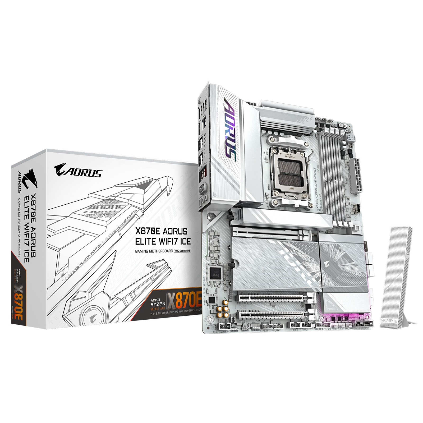 Gigabyte X870E AORUS ELITE WIFI7 ICE AMD AM5 Socket Motherboard, ATX, 4x DDR5 Slots, 4x M.2 Sockets, Fitted I/O Shield, 2.5GbE LAN, Wi-Fi 7, 1x HDMI Port / 2x USB-C (USB4) - Image 3