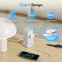 VonHaus Tower Extension Lead with USB, Power Surge Protection 2M Cable White, 8 x UK Mains Sockets, Three-Pin 13A Plugs, Arranged Vertically With 2 Sockets On Each Of The 4 Sides - Image 4